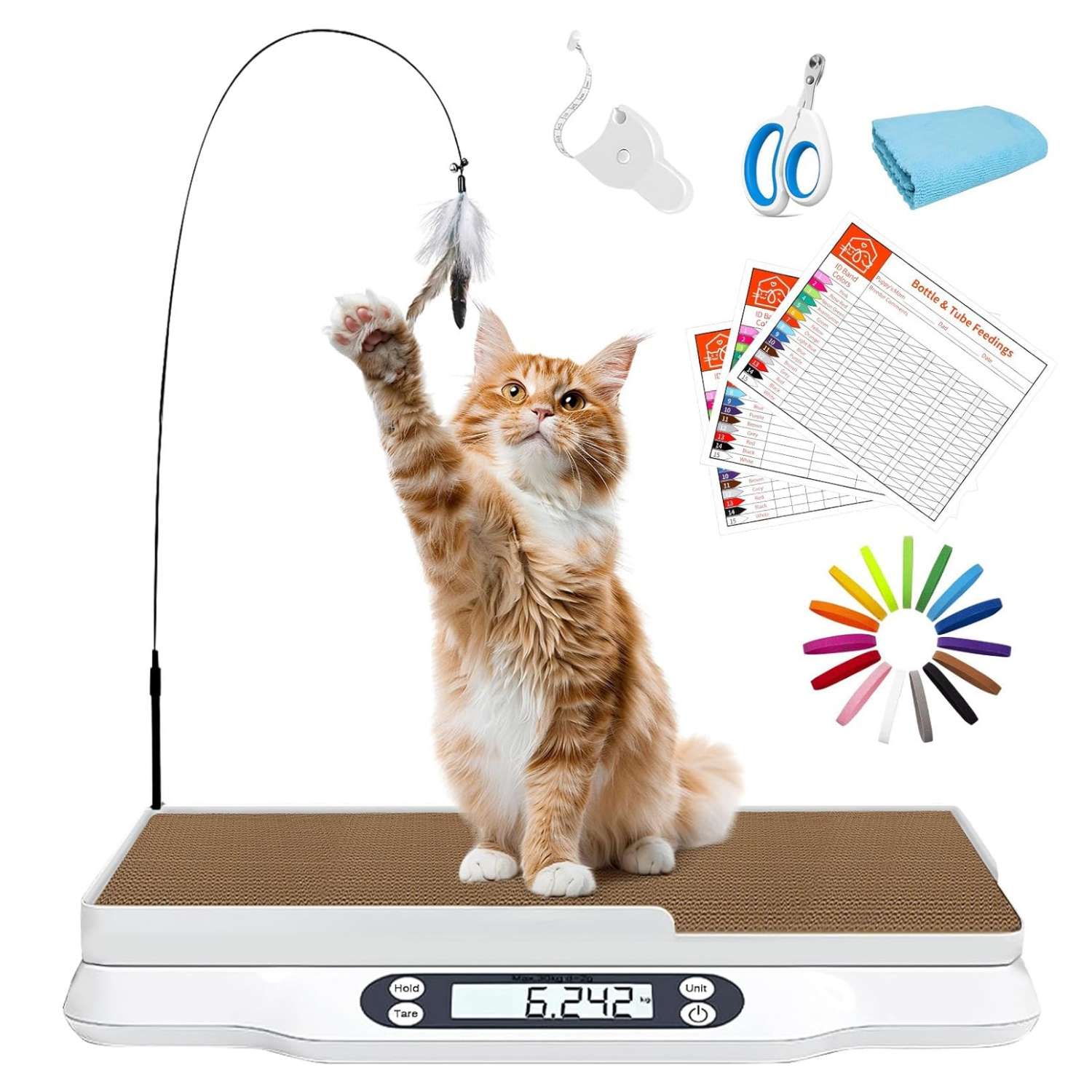 Bascula digital de 30 kilos y pesa para mascotas con kit de crianza completo. Incluye collares de identificacion, cortauñas y registros de salud.