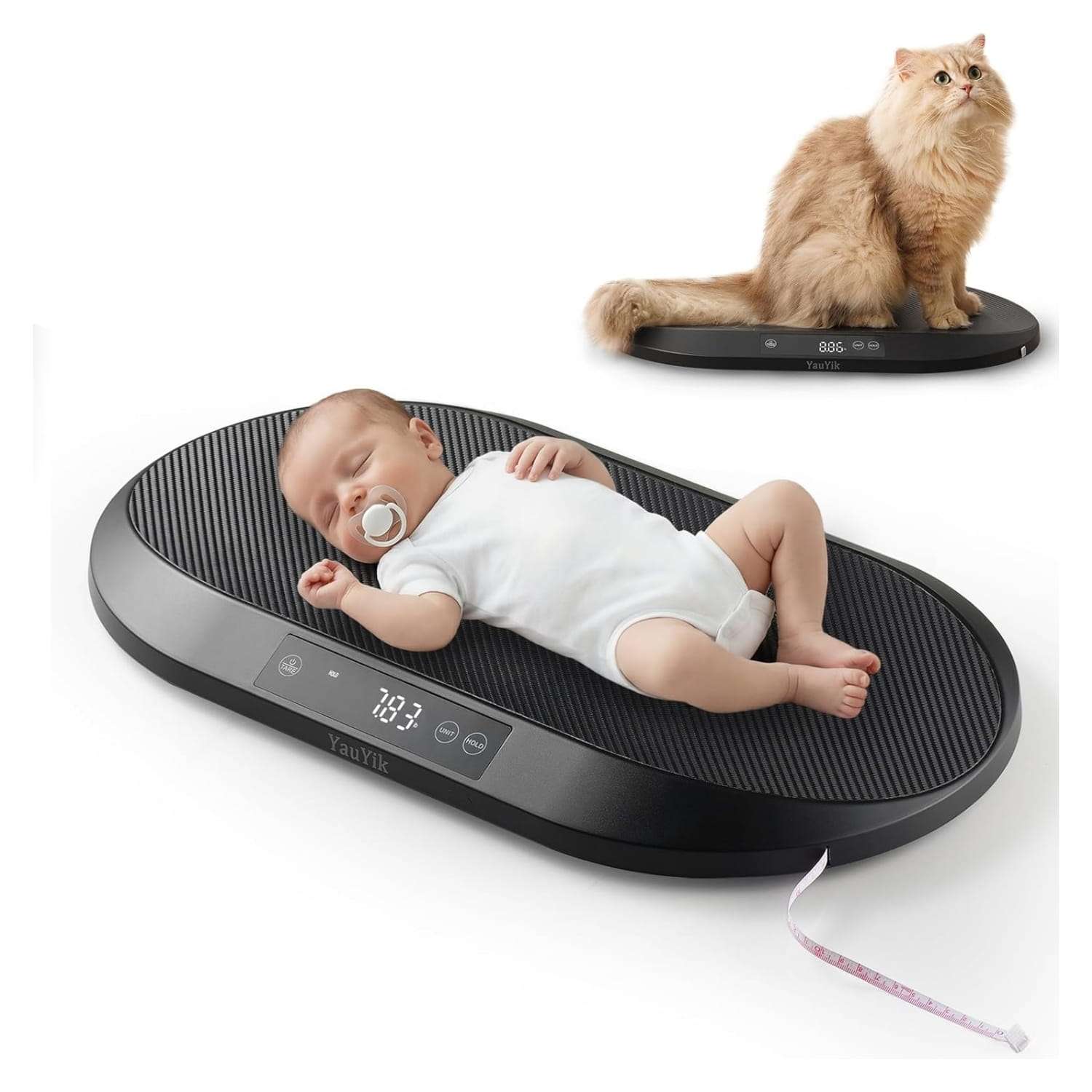 Bascula digital de 40 kilos con forma de nido para mascotas. Incluye cinta metrica, funcion hold y superficie antideslizante.