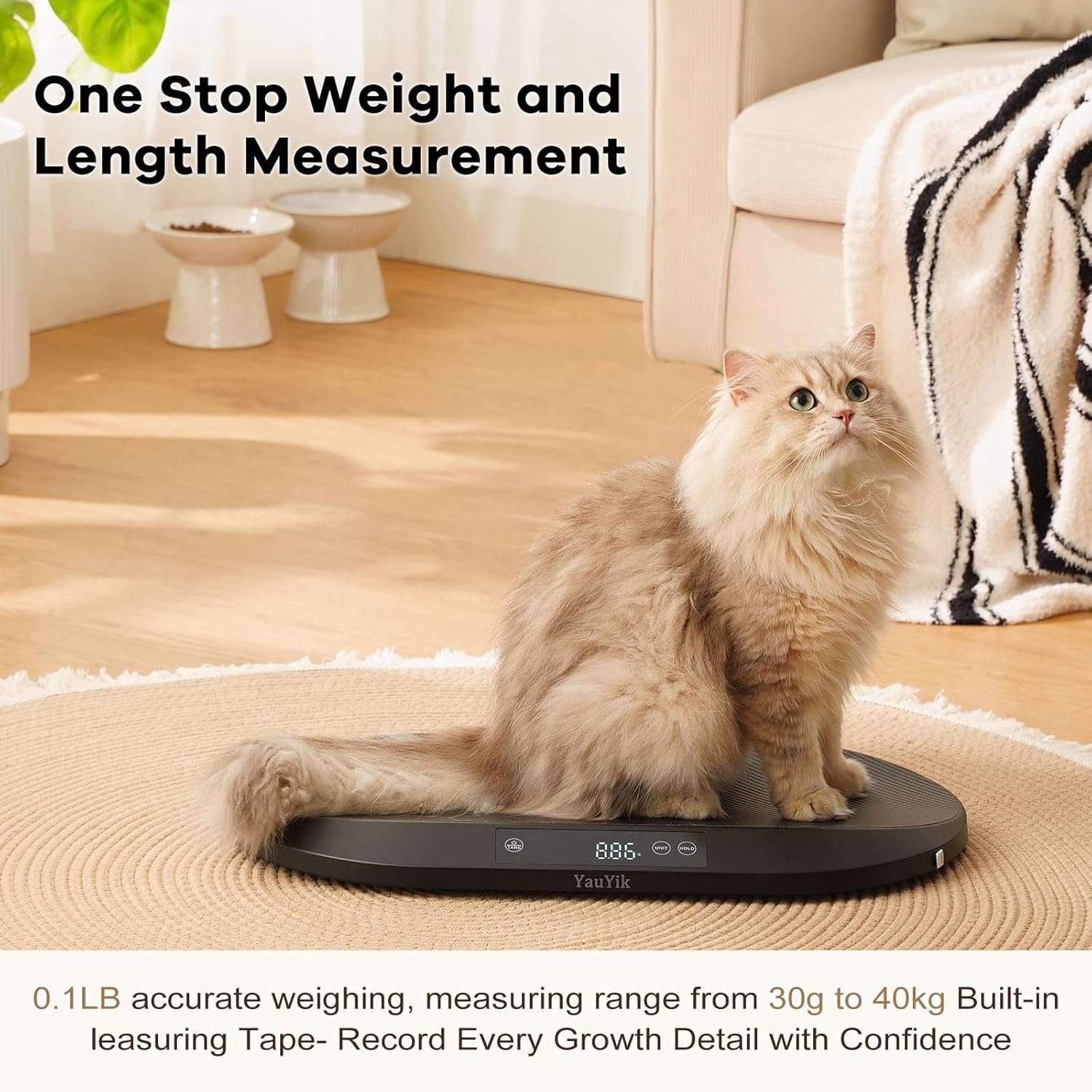 Bascula digital de 40 kilos con forma de nido para mascotas. Incluye cinta metrica, funcion hold y superficie antideslizante.