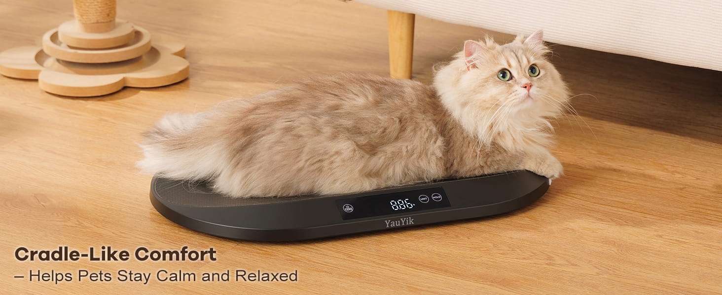 Bascula digital de 40 kilos con forma de nido para mascotas. Incluye cinta metrica, funcion hold y superficie antideslizante.