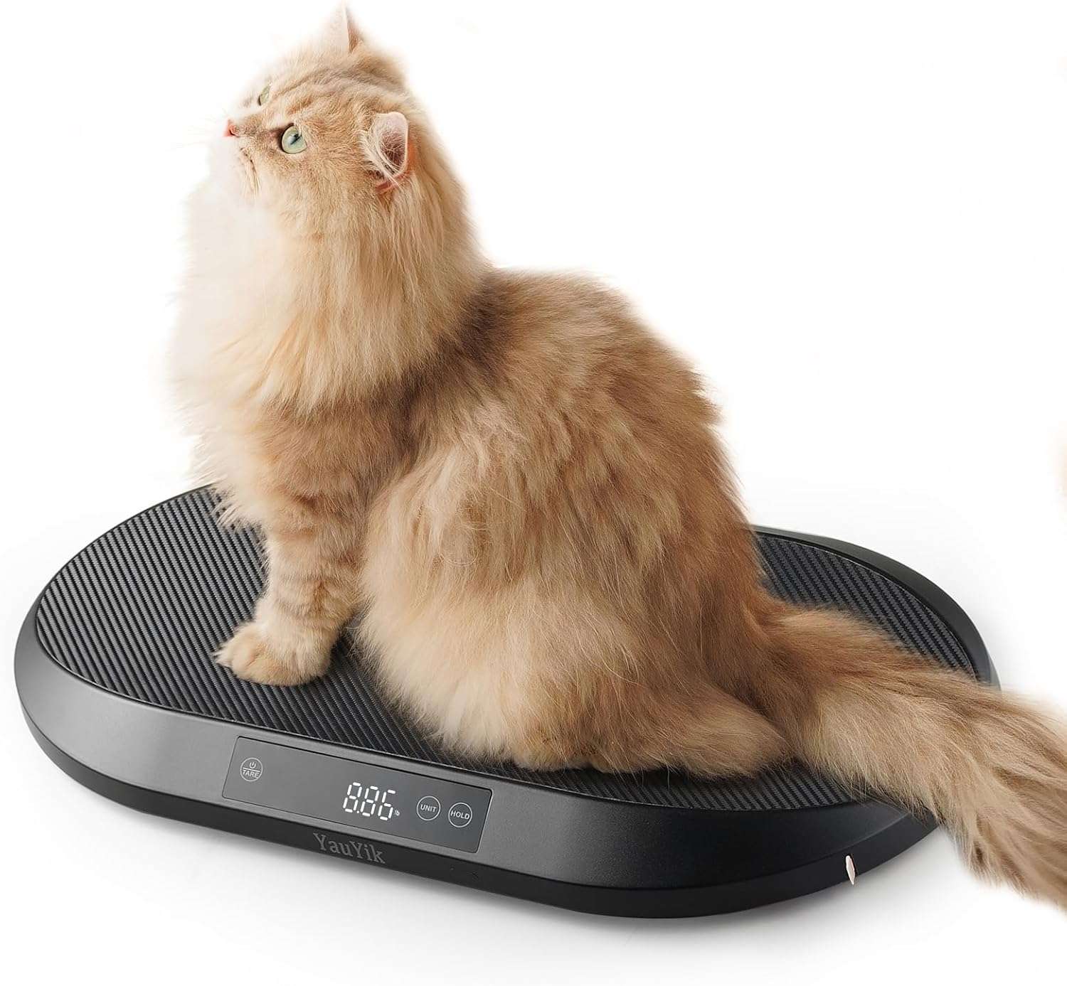 Bascula digital de 40 kilos con forma de nido para mascotas. Incluye cinta metrica, funcion hold y superficie antideslizante.