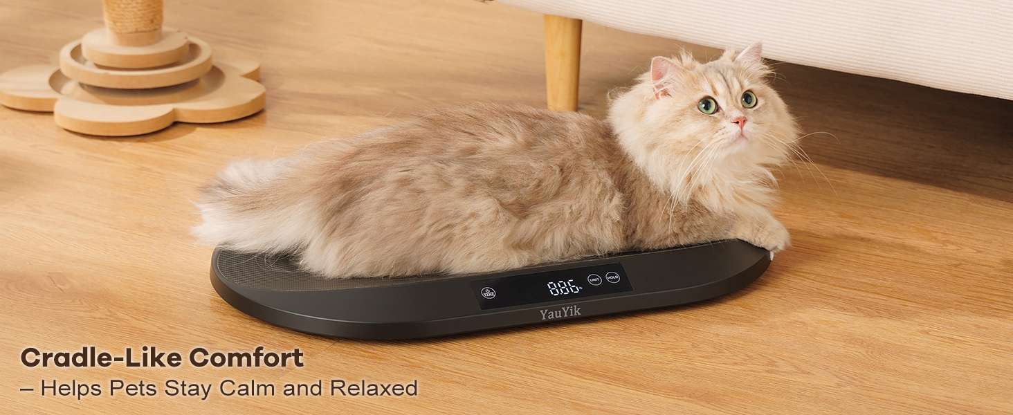 Bascula digital de 40 kilos con forma de nido para mascotas. Incluye cinta metrica, funcion hold y superficie antideslizante.