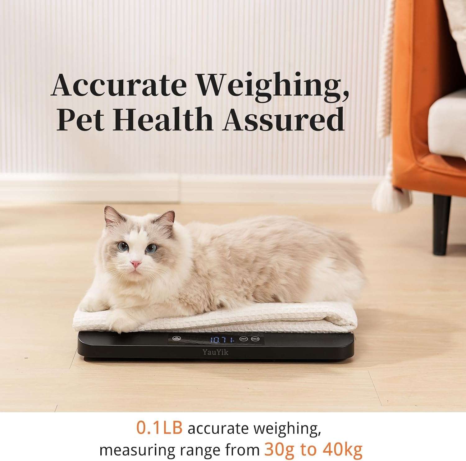 Bascula digital de 40 kilos para mascotas con funcion hold y superficie antideslizante. Pesa de precision para perros y gatos con pantalla LED.