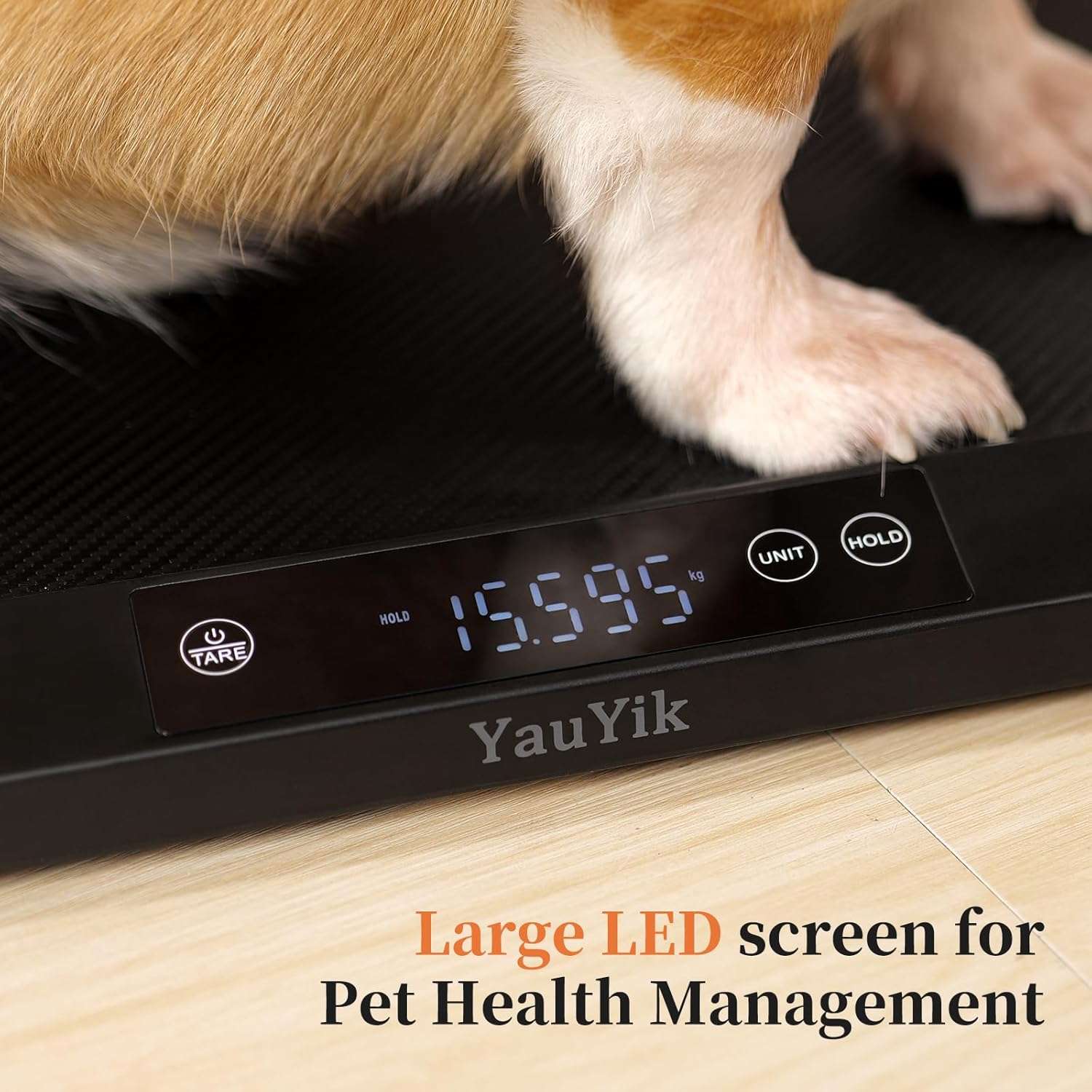 Bascula digital de 40 kilos para mascotas con superficie antideslizante pantalla LED y funcion de retencion.