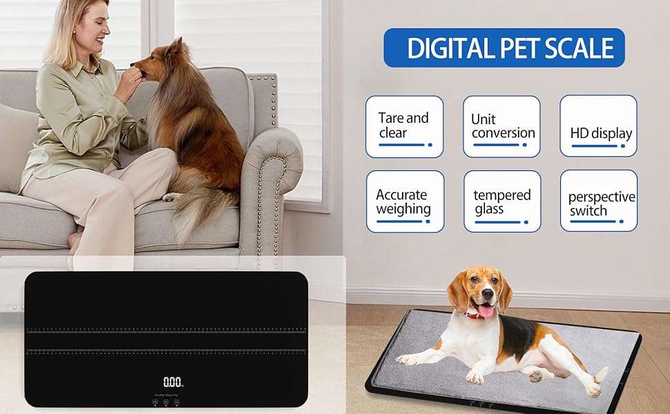 Bascula digital de vidrio templado para mascotas de hasta 100 kilos. Pesa veterinaria recargable para perros medianos y gatos con pantalla LED.