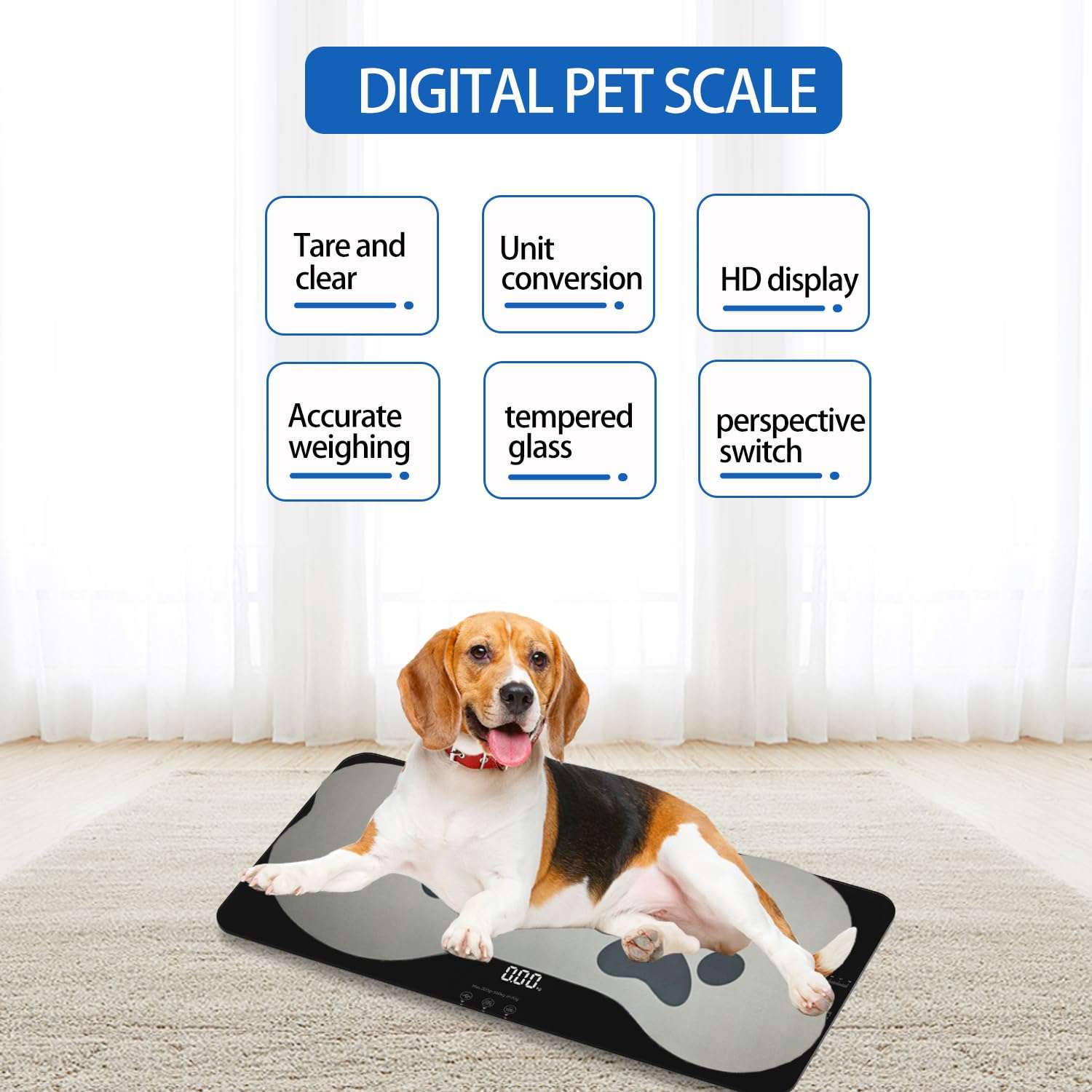 Bascula digital de vidrio templado para mascotas de hasta 100 kilos. Pesa veterinaria recargable para perros medianos y gatos con pantalla LED.