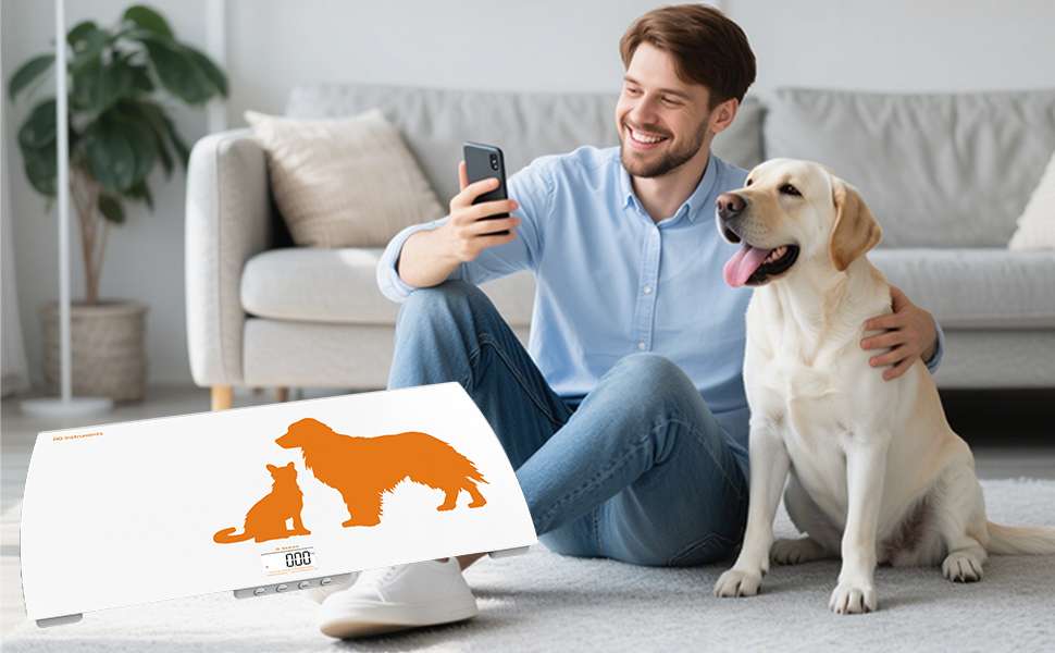 Bascula digital veterinaria de vidrio con pantalla retroiluminada y funcion de voz para mascotas grandes.