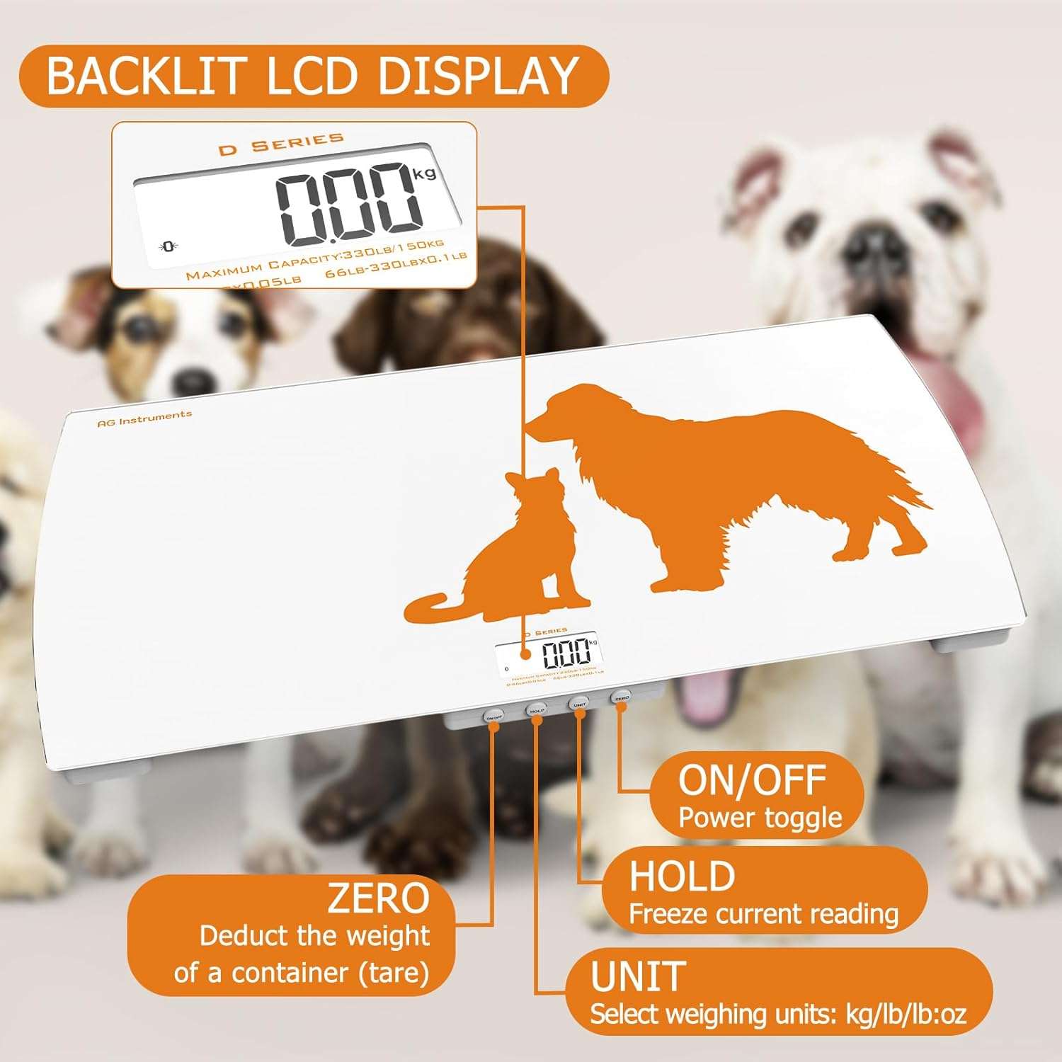 Bascula digital veterinaria de vidrio con pantalla retroiluminada y funcion de voz para mascotas grandes.