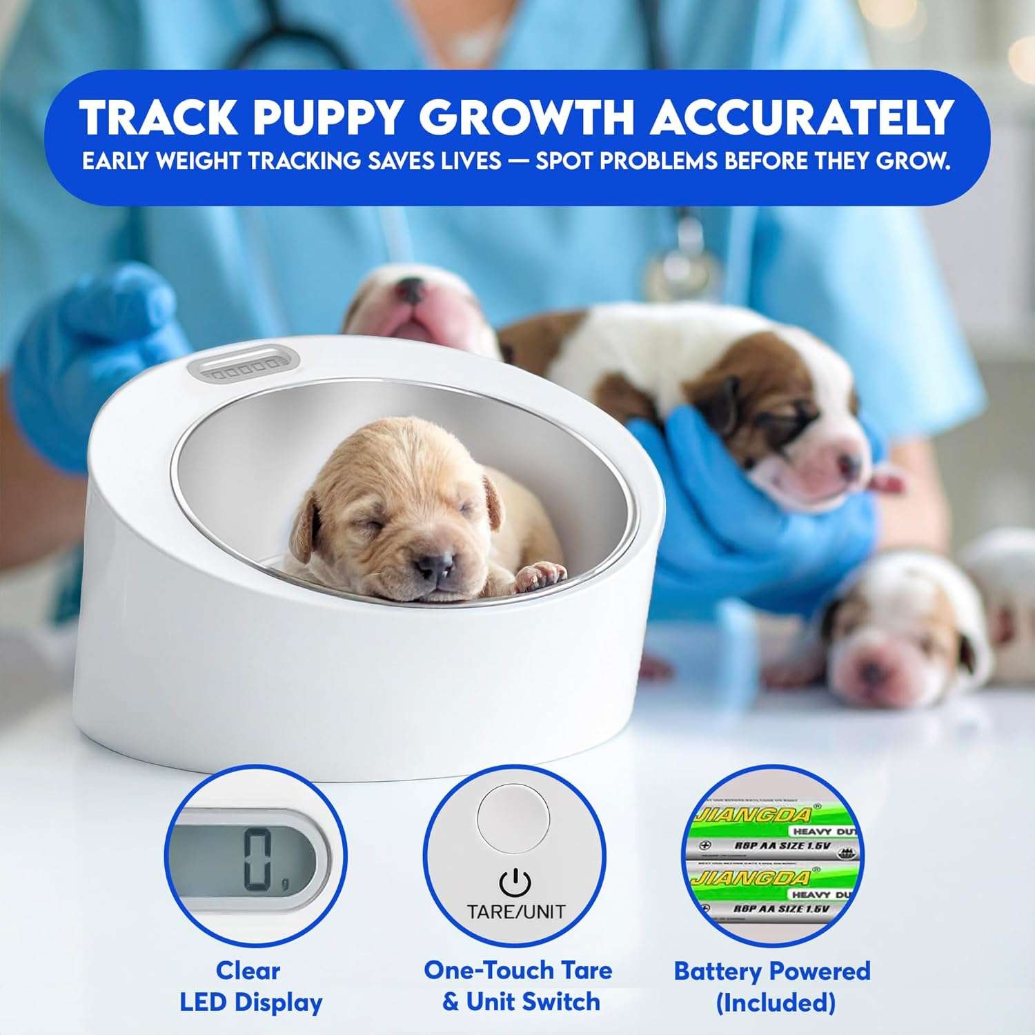 Bascula digital con bol de acero inoxidable para pesar cachorros y gatitos recien nacidos.