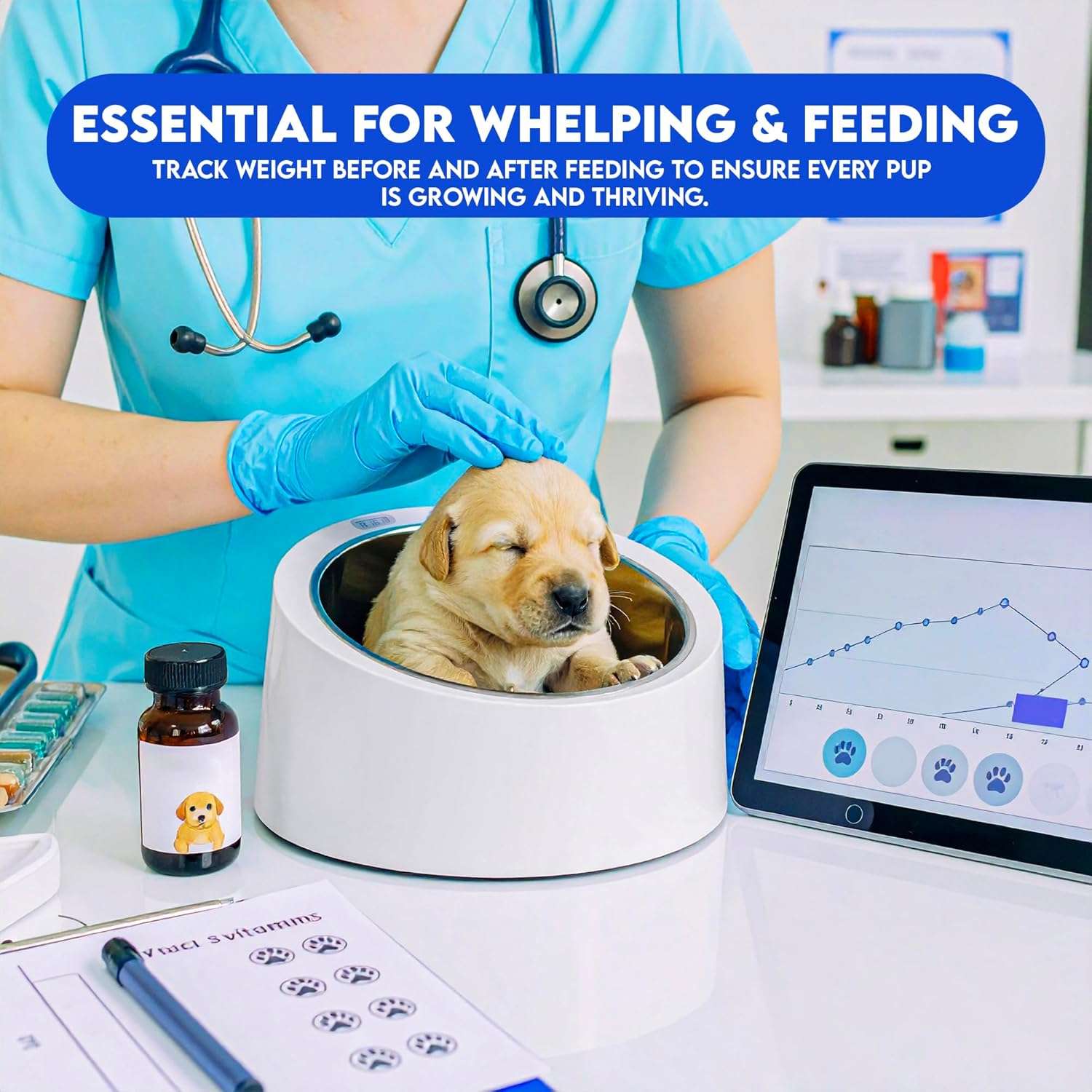 Bascula digital con bol de acero inoxidable para pesar cachorros y gatitos recien nacidos.