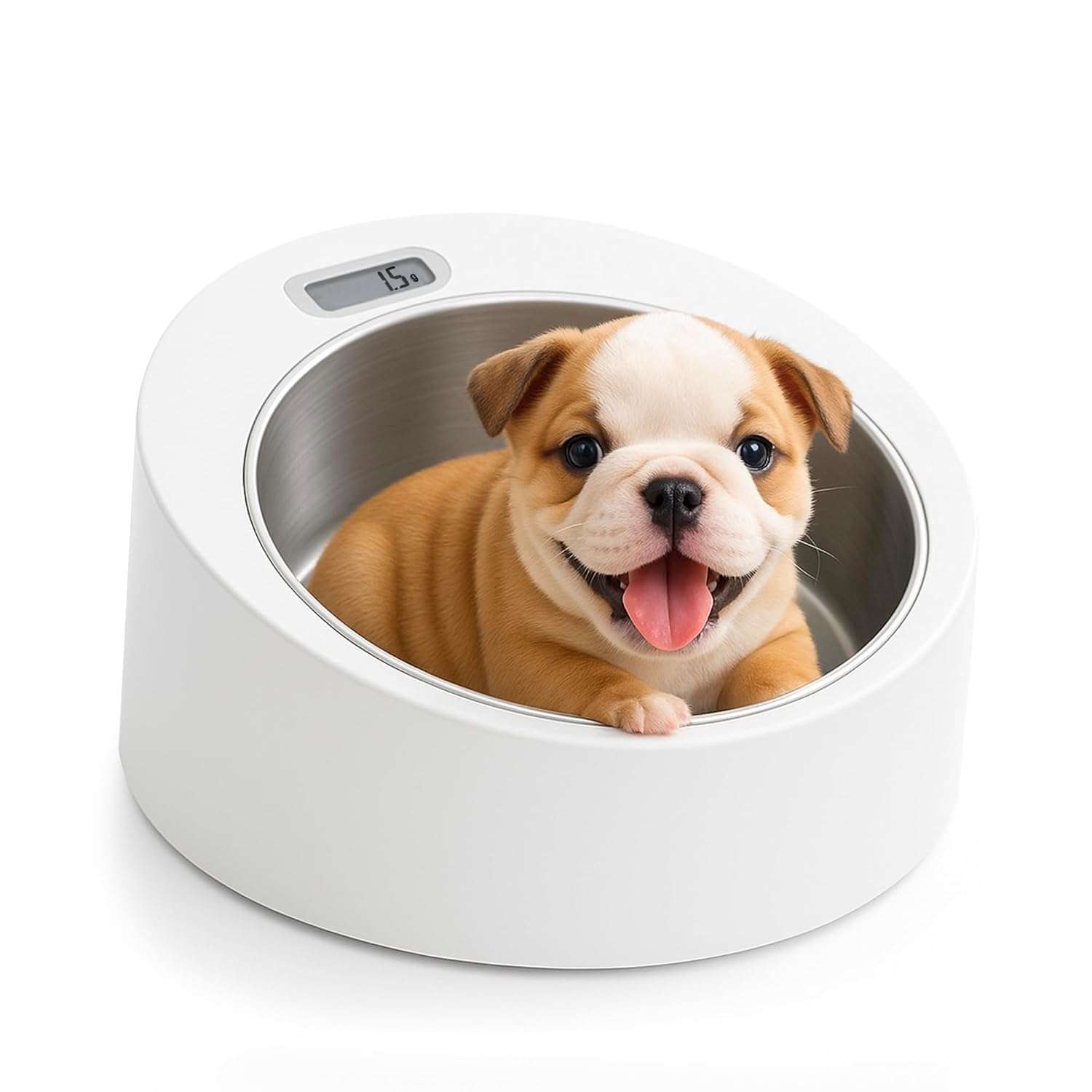 Bascula digital con bol de acero inoxidable para pesar cachorros y gatitos recien nacidos.