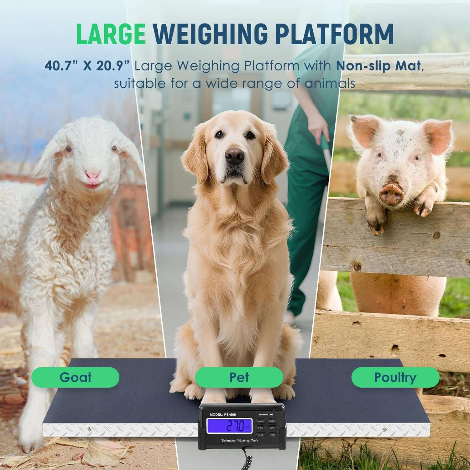 Bascula de plataforma digital de 500 kilos con superficie antideslizante de 103x53 cm para pesar perros grandes y ganado.