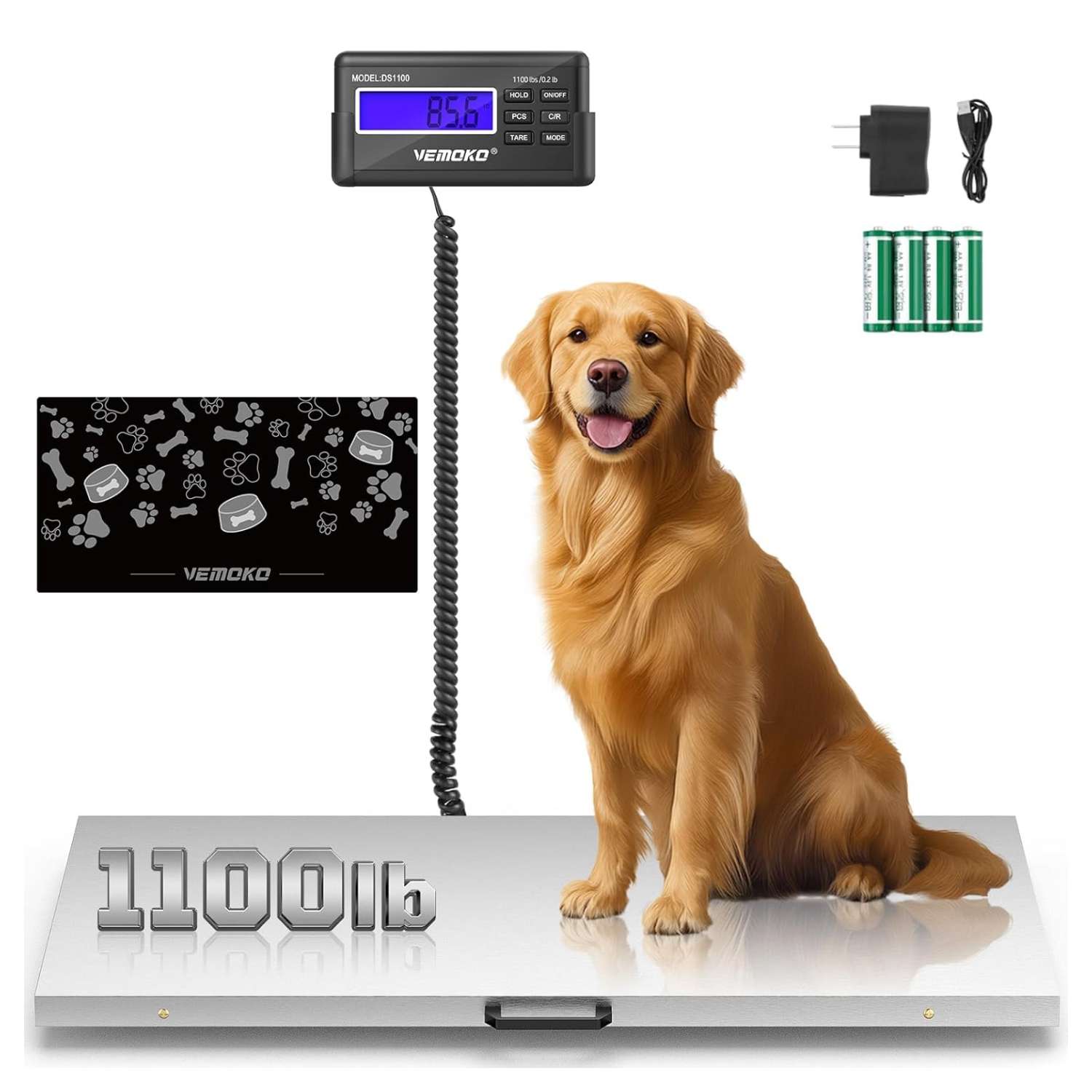 Bascula digital de plataforma de 500 kilos de acero inoxidable con alfombra antideslizante para perros y ganado.
