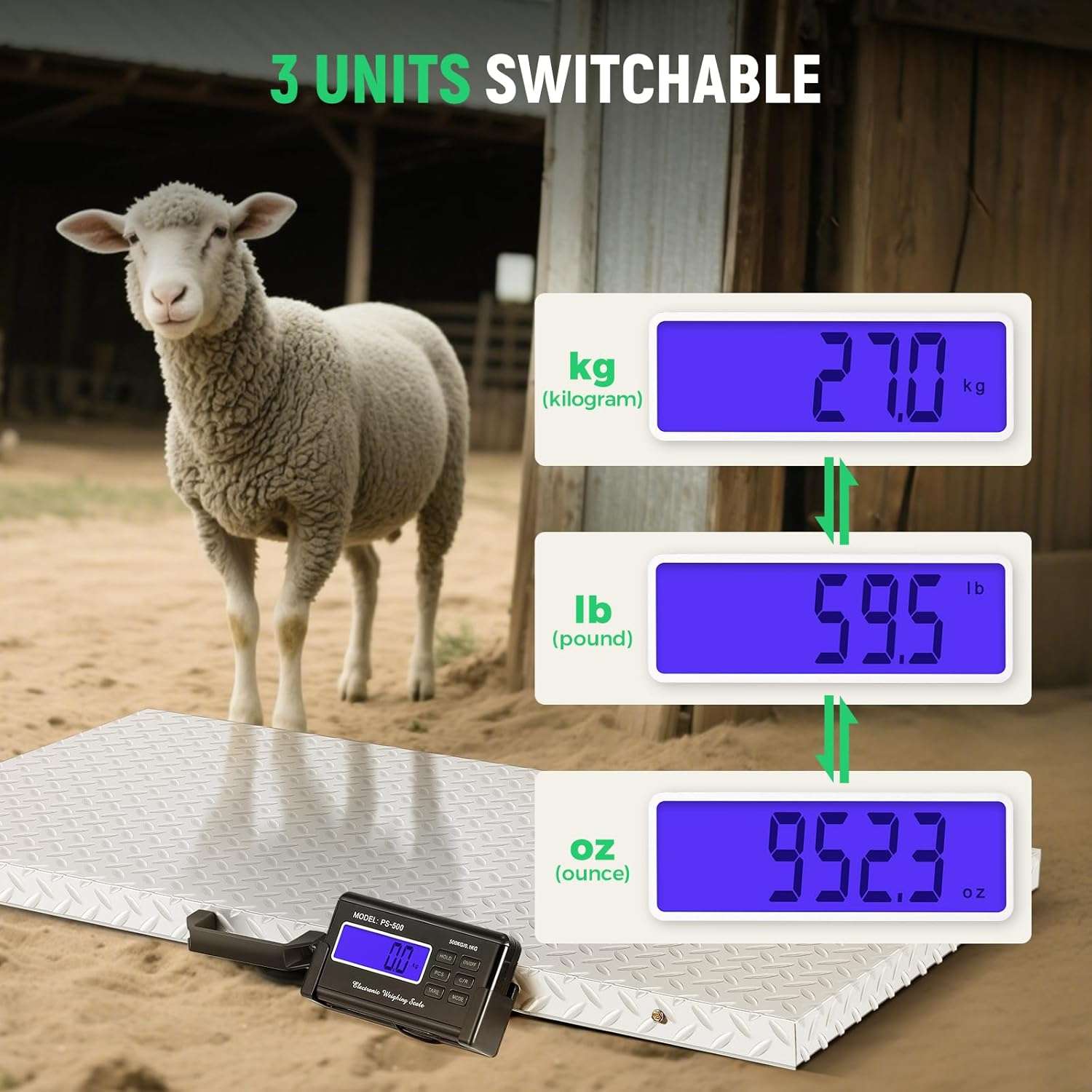 Bascula de plataforma digital de 500 kilos con superficie antideslizante de 103x53 cm para pesar perros grandes y ganado.