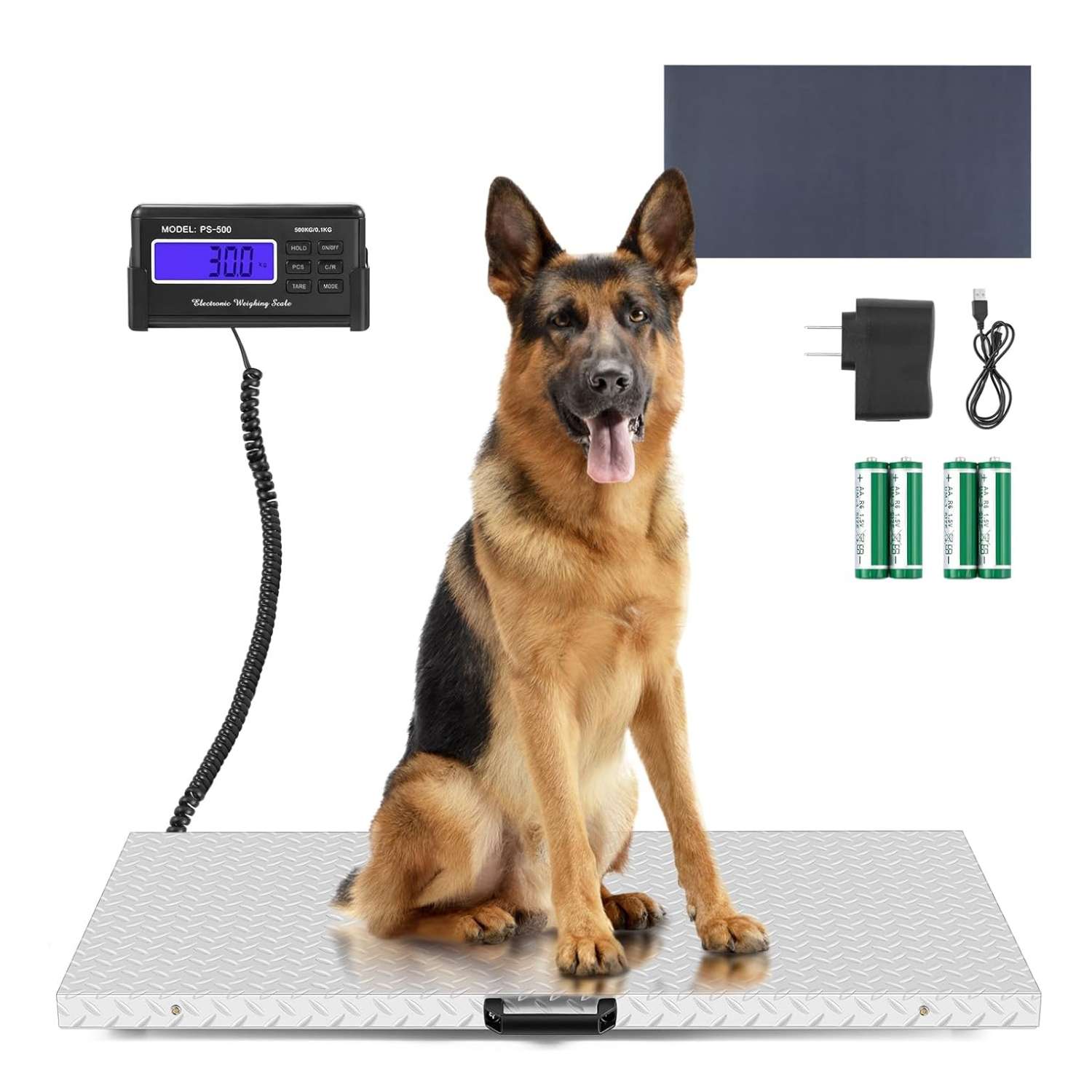 Bascula de plataforma digital de 500 kilos con superficie antideslizante de 103x53 cm para pesar perros grandes y ganado.