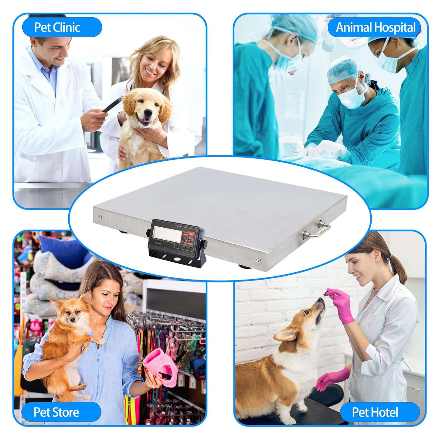 Bascula de plataforma de acero inoxidable de 300 kilos. Pantalla LED y superficie de 46x46 cm para animales y carga.