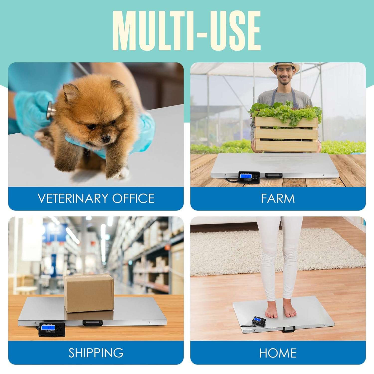 Bascula de plataforma extra grande de acero inoxidable de 103x53 cm. Pesa veterinaria digital para perros grandes y ganado.