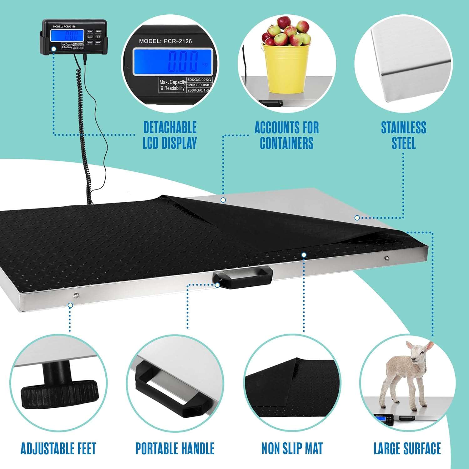 Bascula de plataforma extra grande de acero inoxidable de 103x53 cm. Pesa veterinaria digital para perros grandes y ganado.