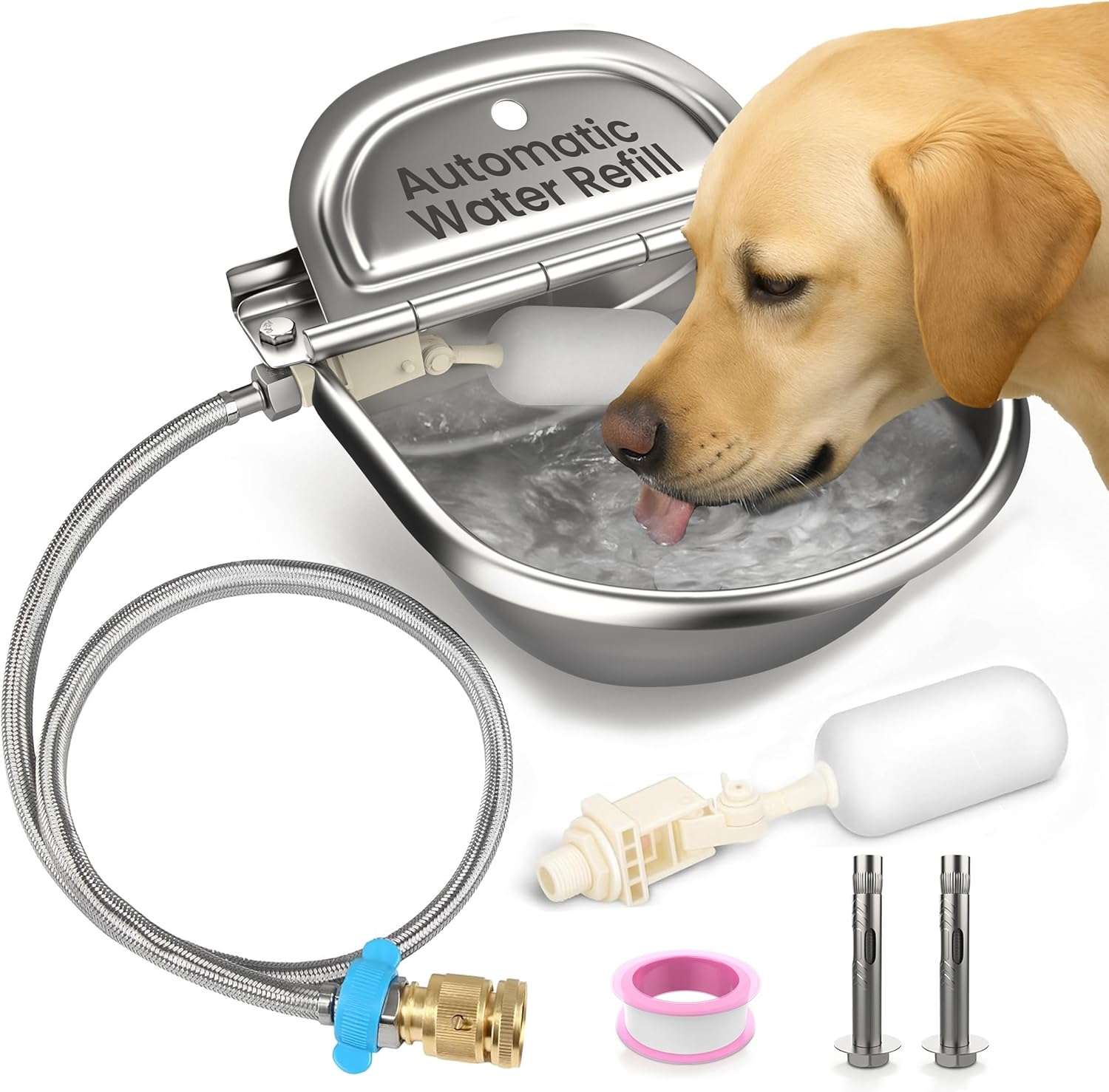 Bebedero automatico acero inoxidable que se conecta a manguera de jardin para perros y ganado con tapon de desague.