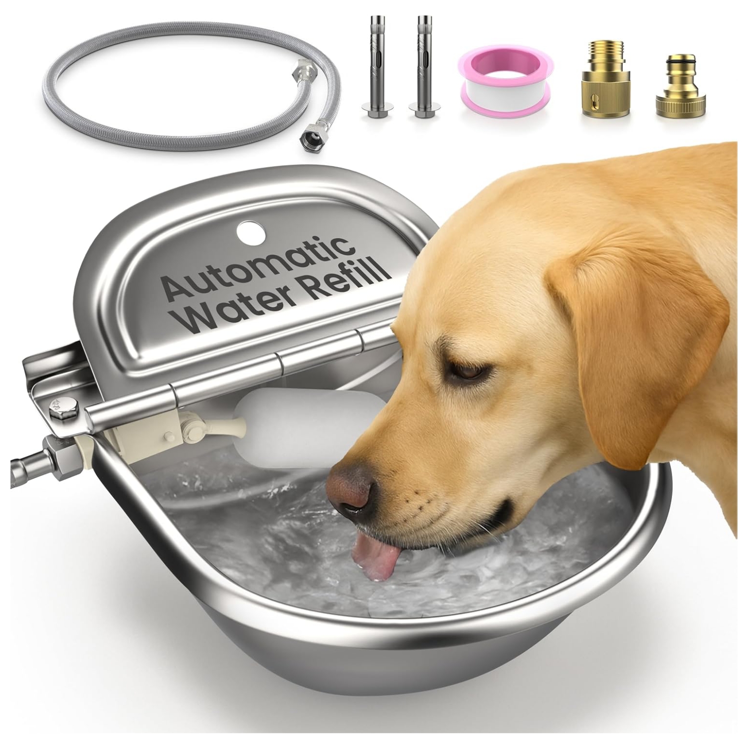 Bebedero automatico acero inoxidable que se conecta a manguera de jardin para perros y ganado con tapon de desague.