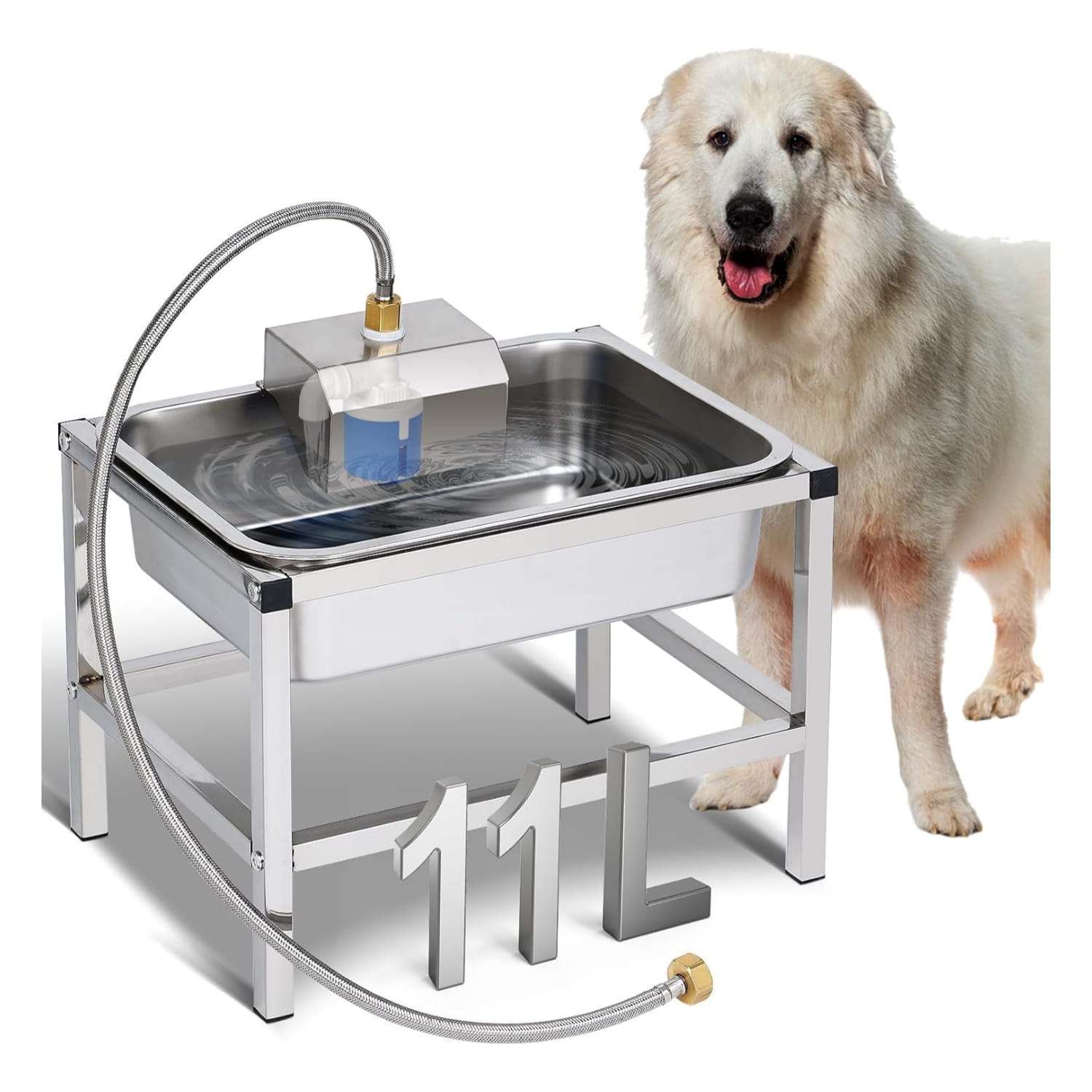 Bebedero automatico elevado de acero inoxidable 11 litros con soporte para perros grandes y conexion a manguera de jardin.