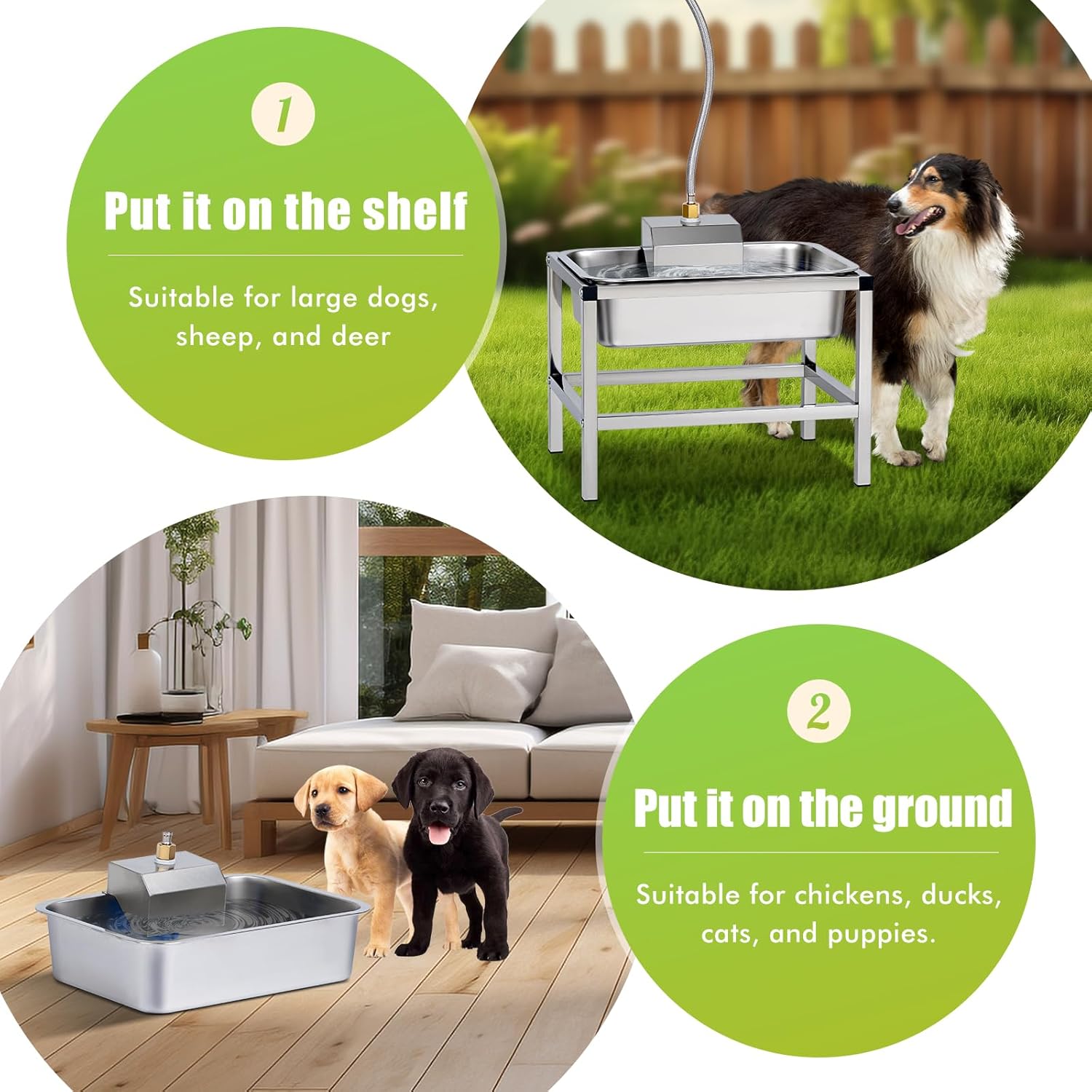 Bebedero automatico elevado de acero inoxidable 11 litros con soporte para perros grandes y conexion a manguera de jardin.