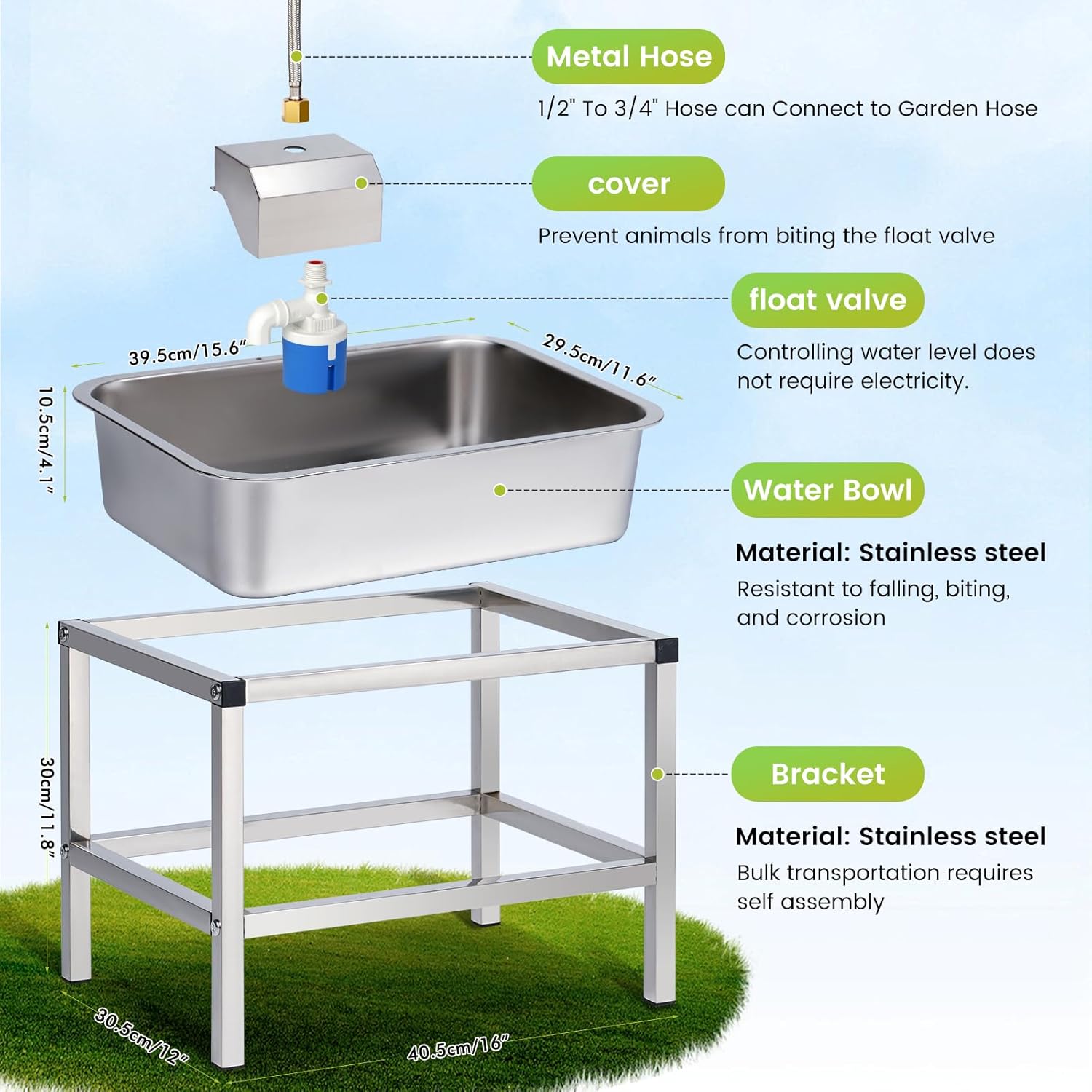 Bebedero automatico elevado de acero inoxidable 11 litros con soporte para perros grandes y conexion a manguera de jardin.