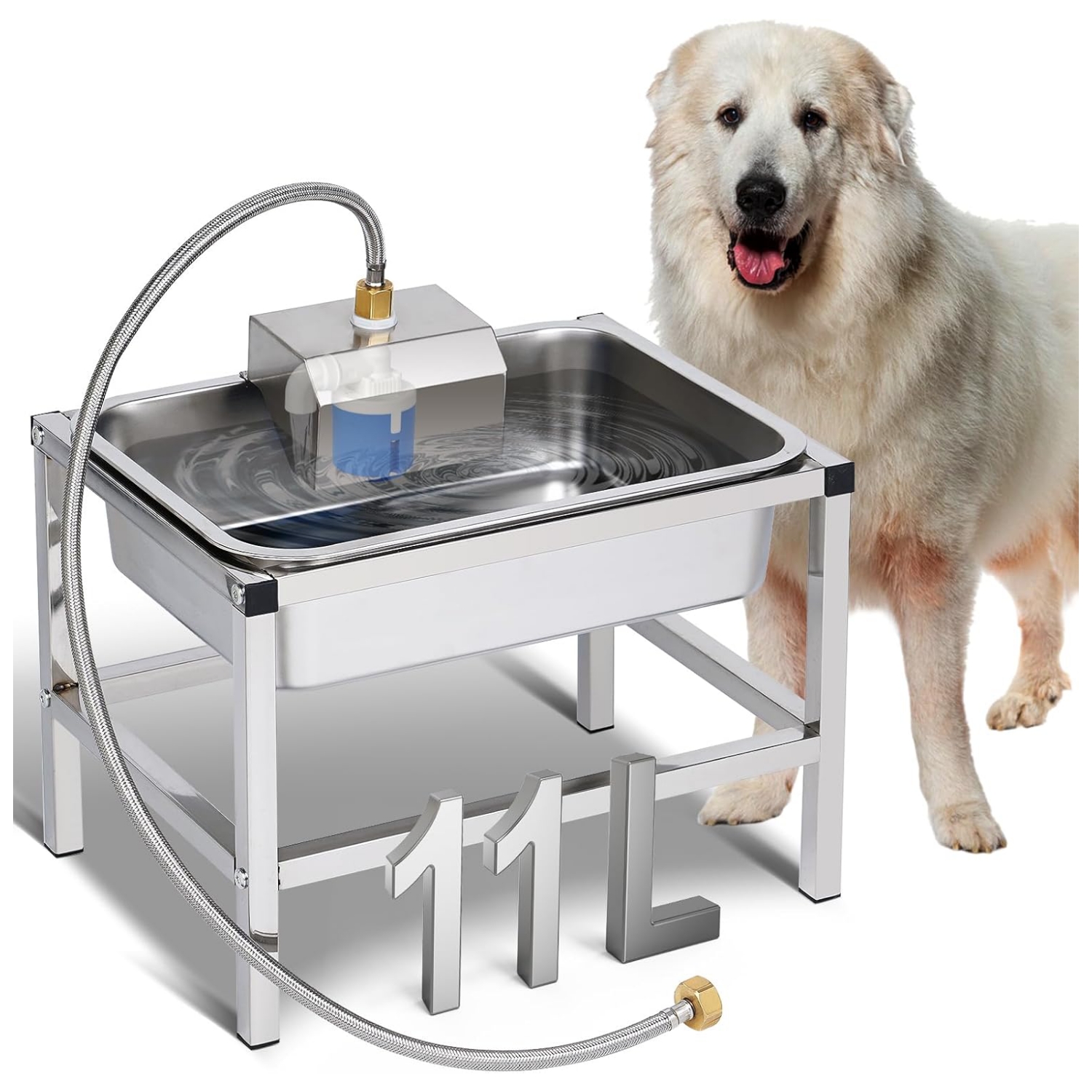 Bebedero automatico elevado de acero inoxidable 11 litros con soporte para perros grandes y conexion a manguera de jardin.