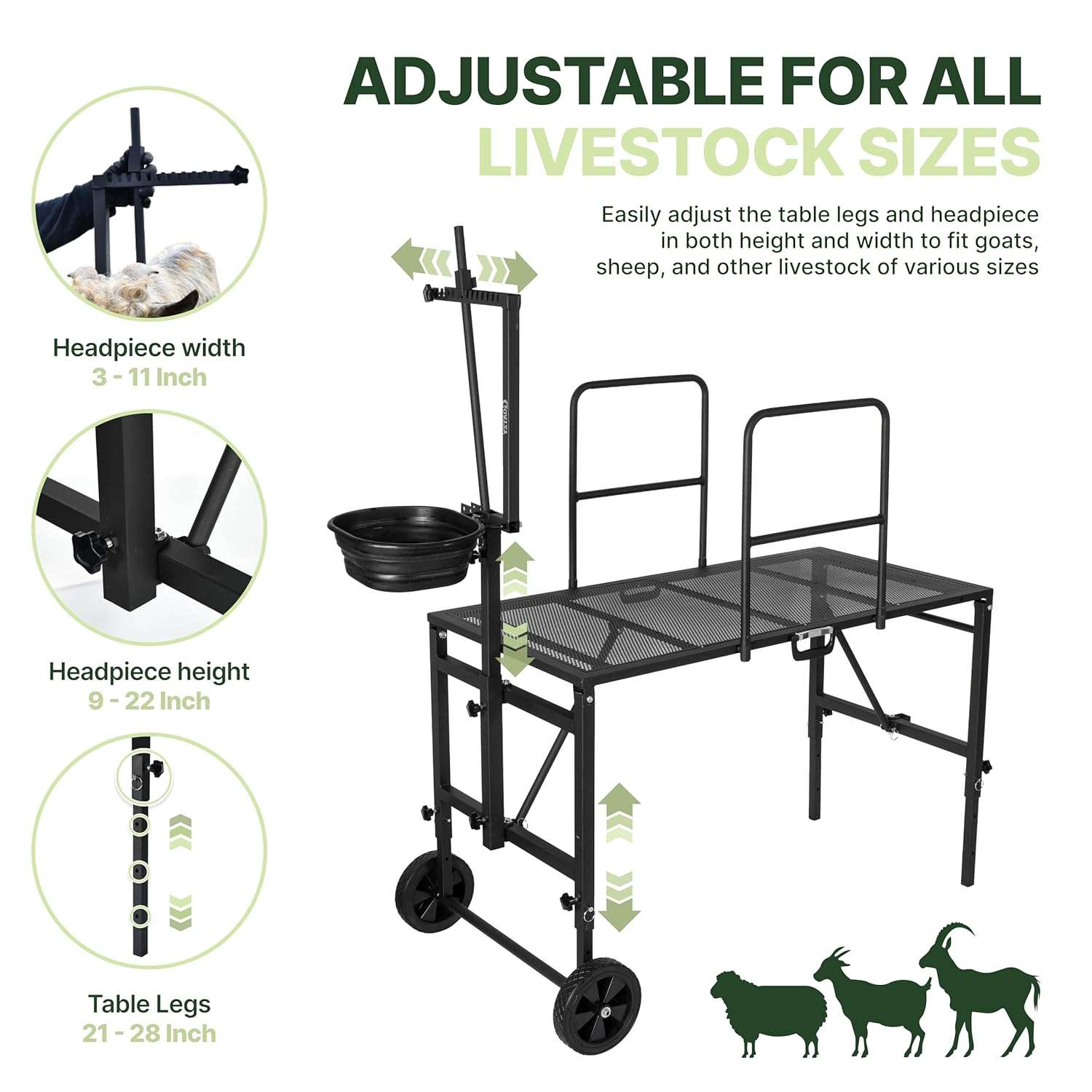 Brete movil galvanizado para cabras y ovejas con ruedas. Plataforma de ordeño y despalme ajustable que soporta 272 kilos.