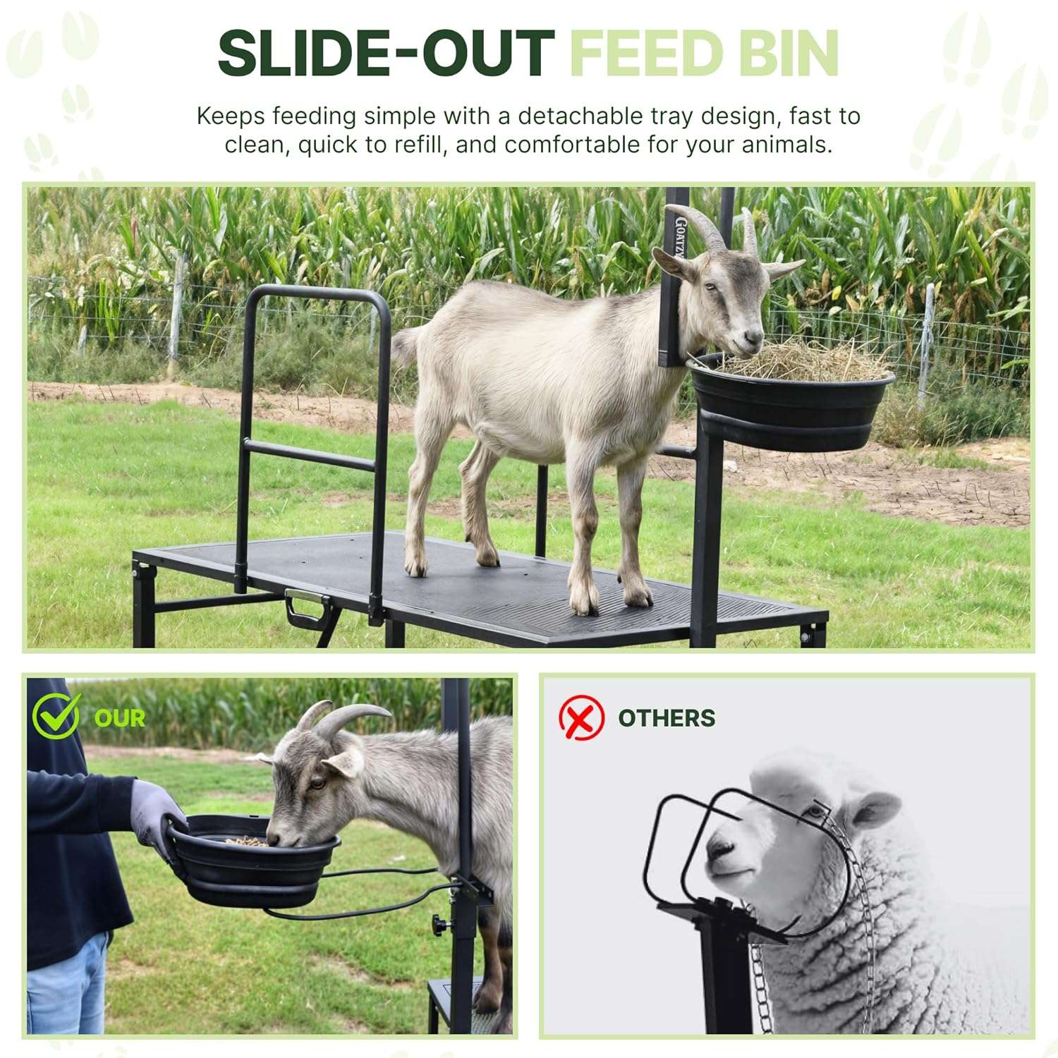 Brete movil galvanizado para cabras y ovejas con ruedas. Plataforma de ordeño y despalme ajustable que soporta 272 kilos.