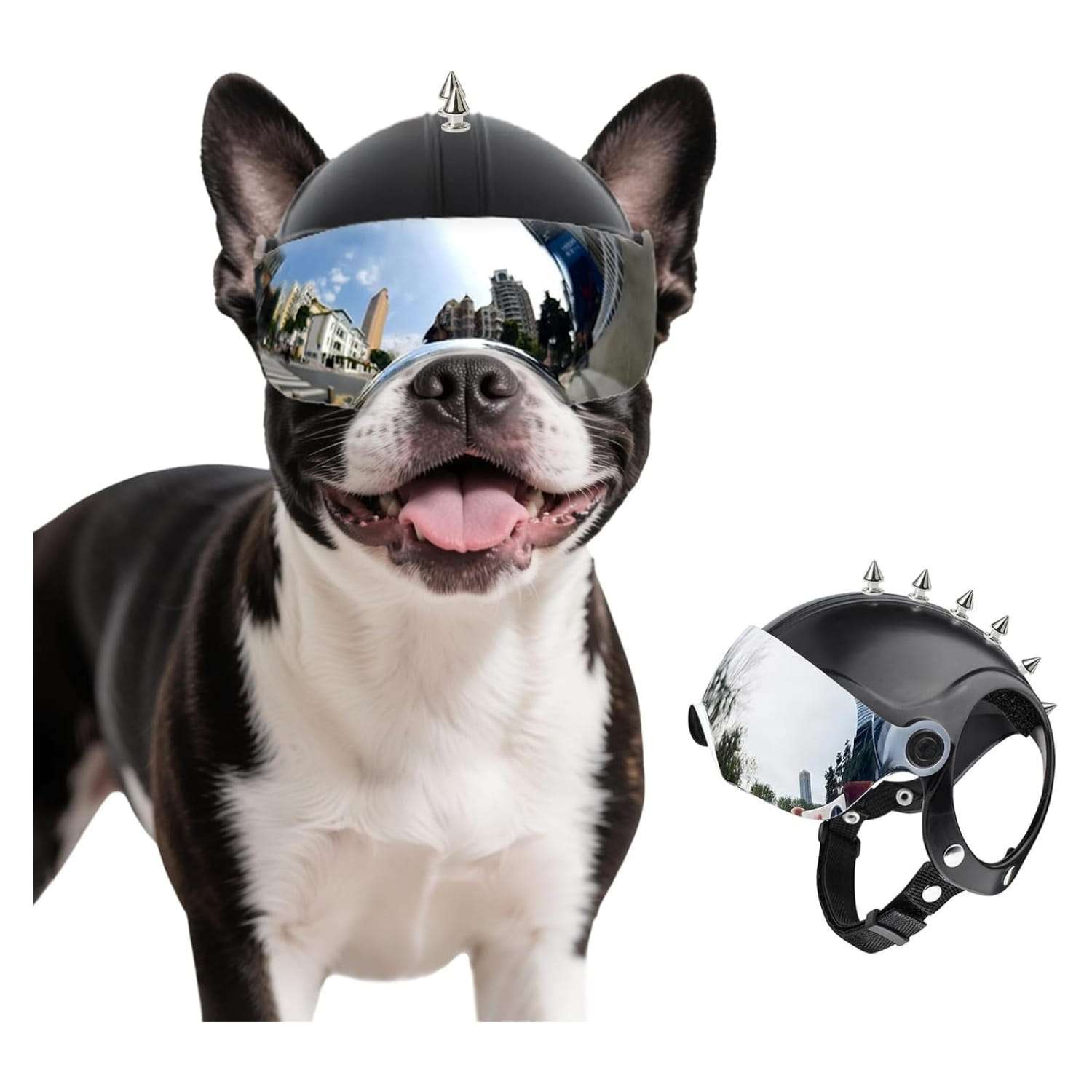 Casco de moto para perros pequeños con visera UV abatible y orificios para orejas.
