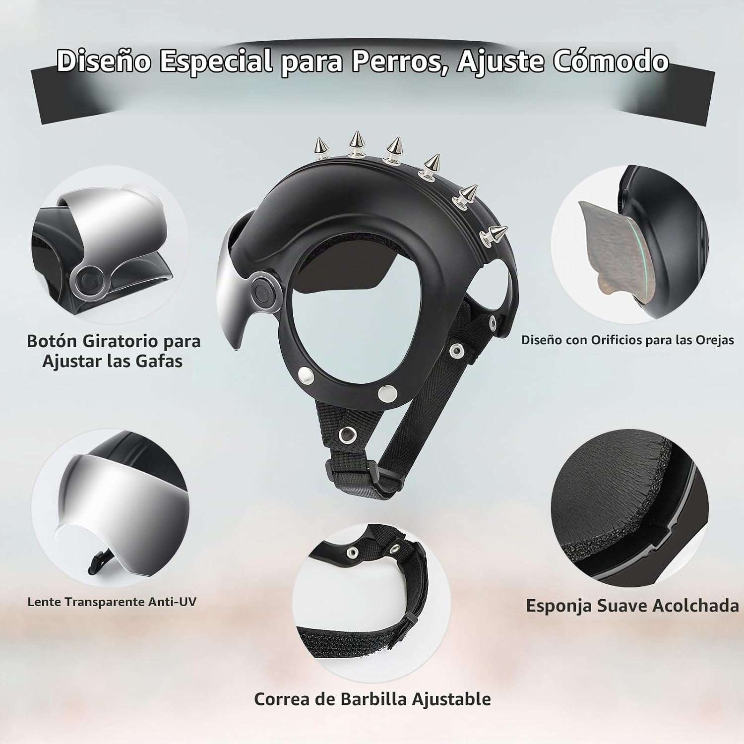 Casco de moto para perros pequeños con visera UV abatible y orificios para orejas.