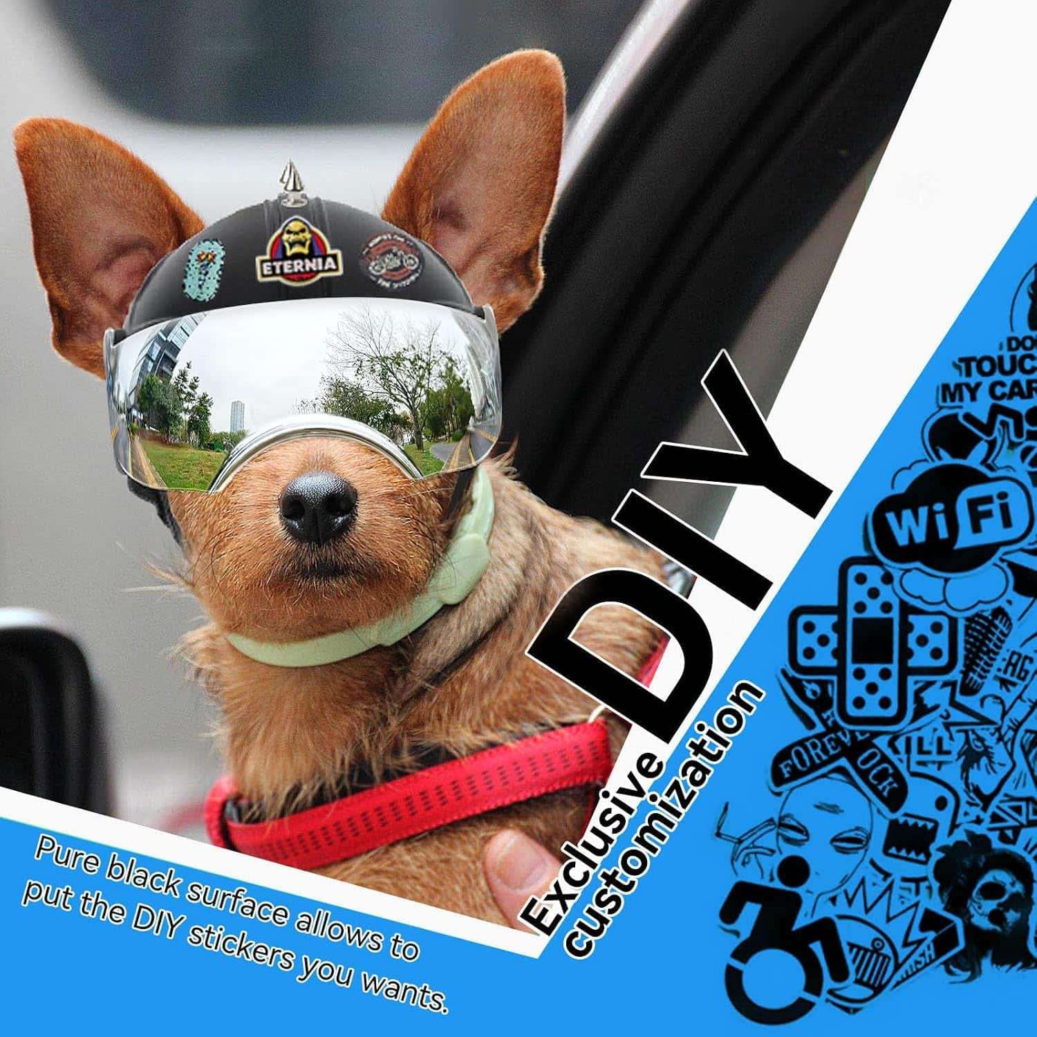 Casco de moto para perros pequeños con visera UV abatible y orificios para orejas.