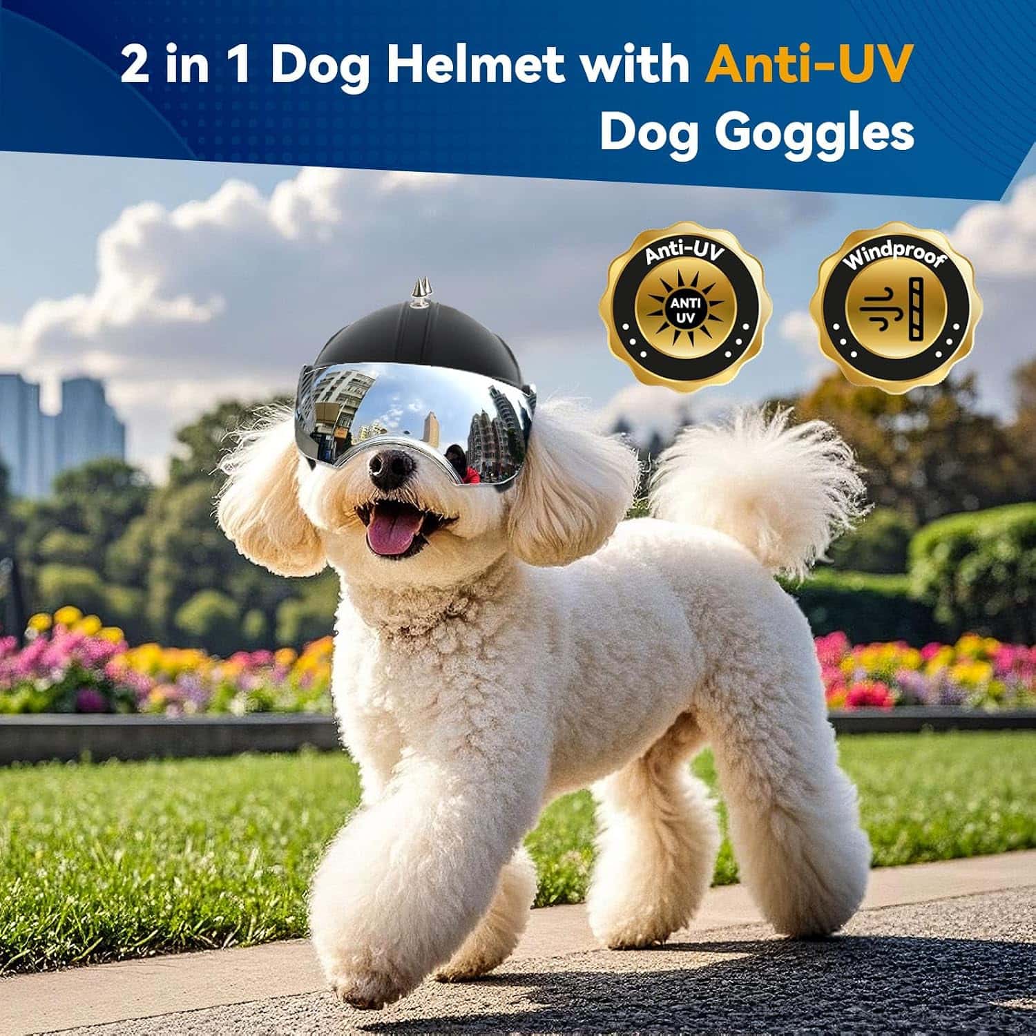 Casco de moto para perros pequeños con visera UV abatible y orificios para orejas.
