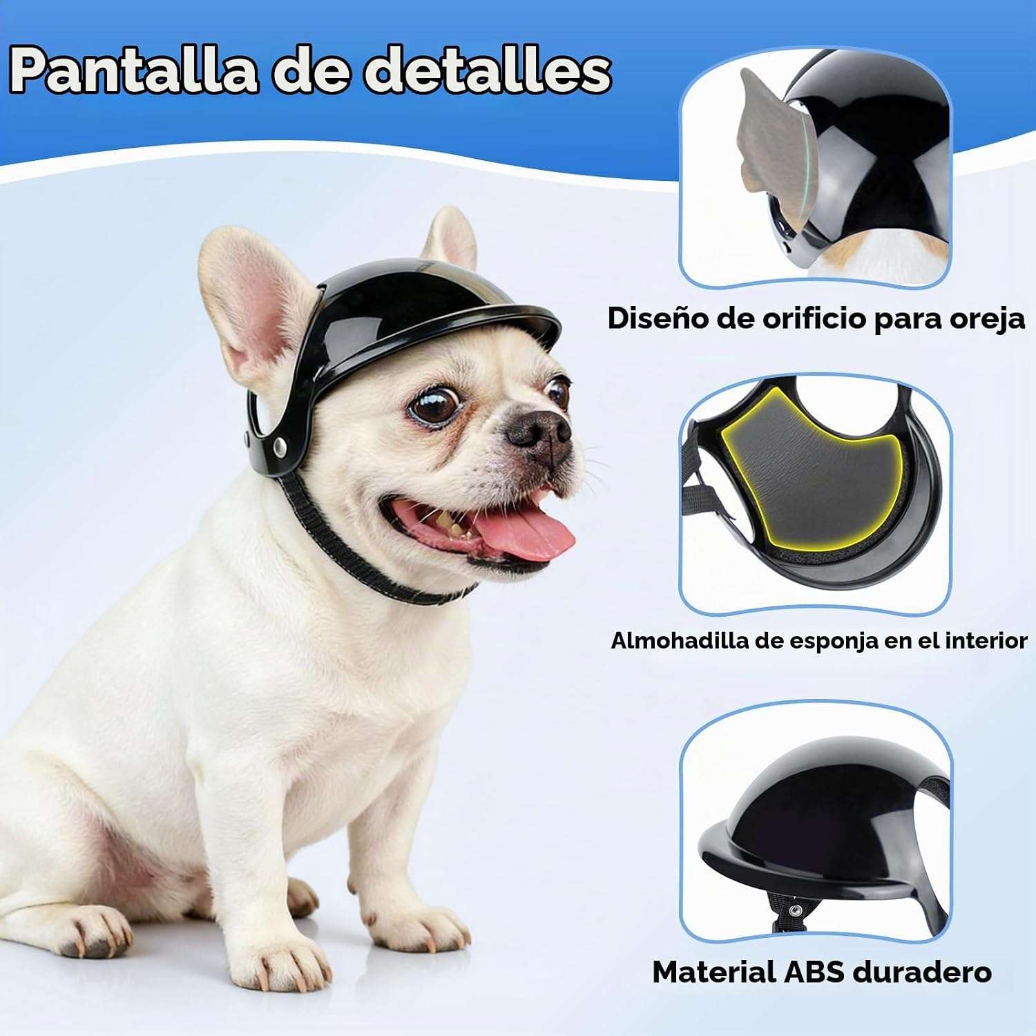 Casco de seguridad para perro con orificios para las orejas y correa ajustable para moto y bici.