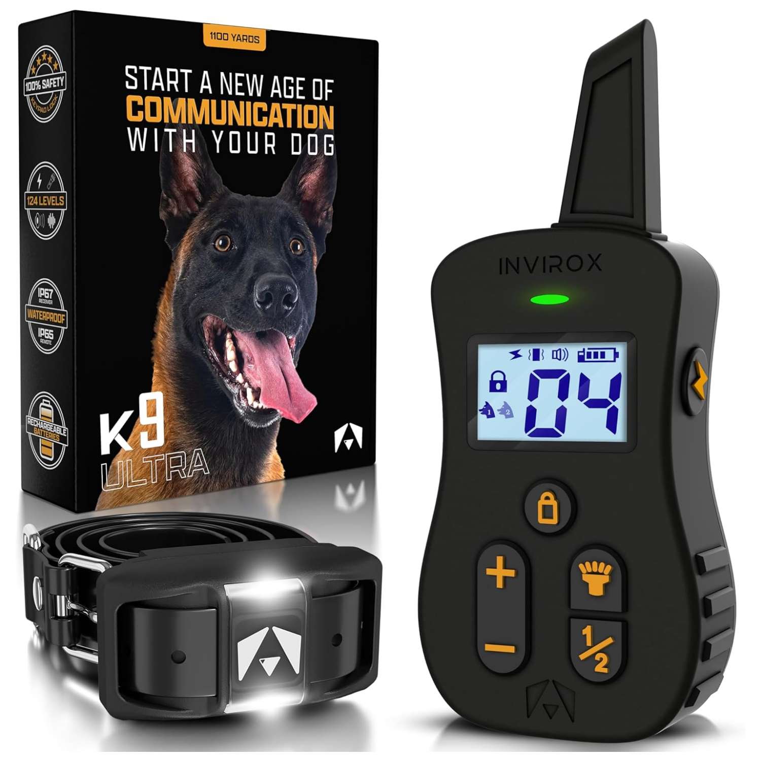 Collar de adiestramiento Limitless K9 Gear profesional de 1200m con 124 niveles y luz nocturna.