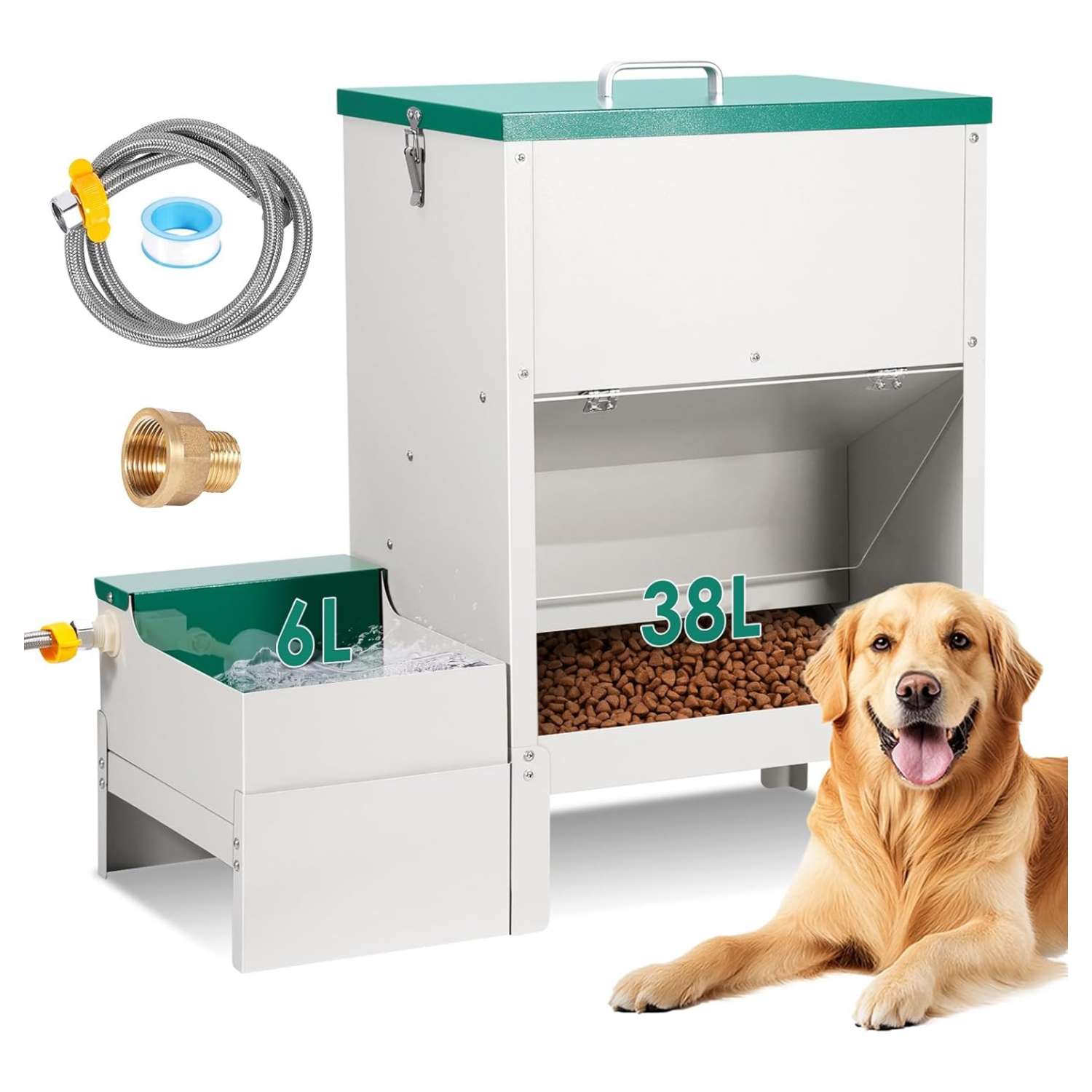 Estación de alimentación 2 en 1 para perros grandes con comedero de 19kg y bebedero automático de 6L en acero inoxidable.