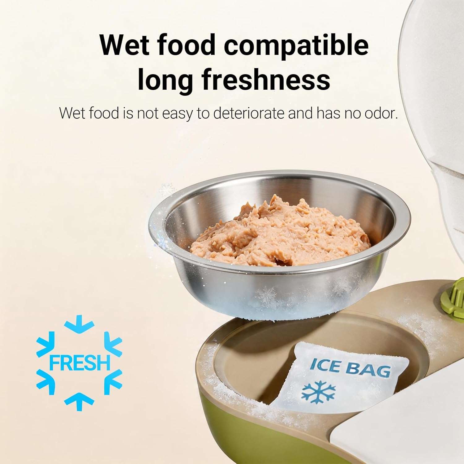 Organiza la alimentacion de tu mascota con este comedero de 48 horas. Incluye platos de acero inoxidable y pack de hielo para conservar la frescura de sobres y raciones secas.