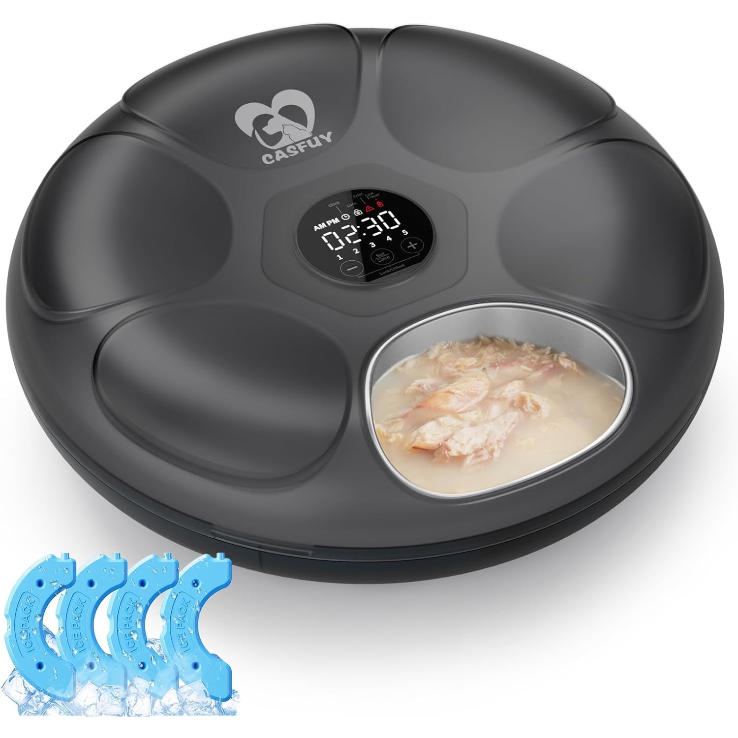 Comedero automatico circular blanco de 6 platos para perros y gatos con compartimento para hielo y bateria recargable 32x33 cm.