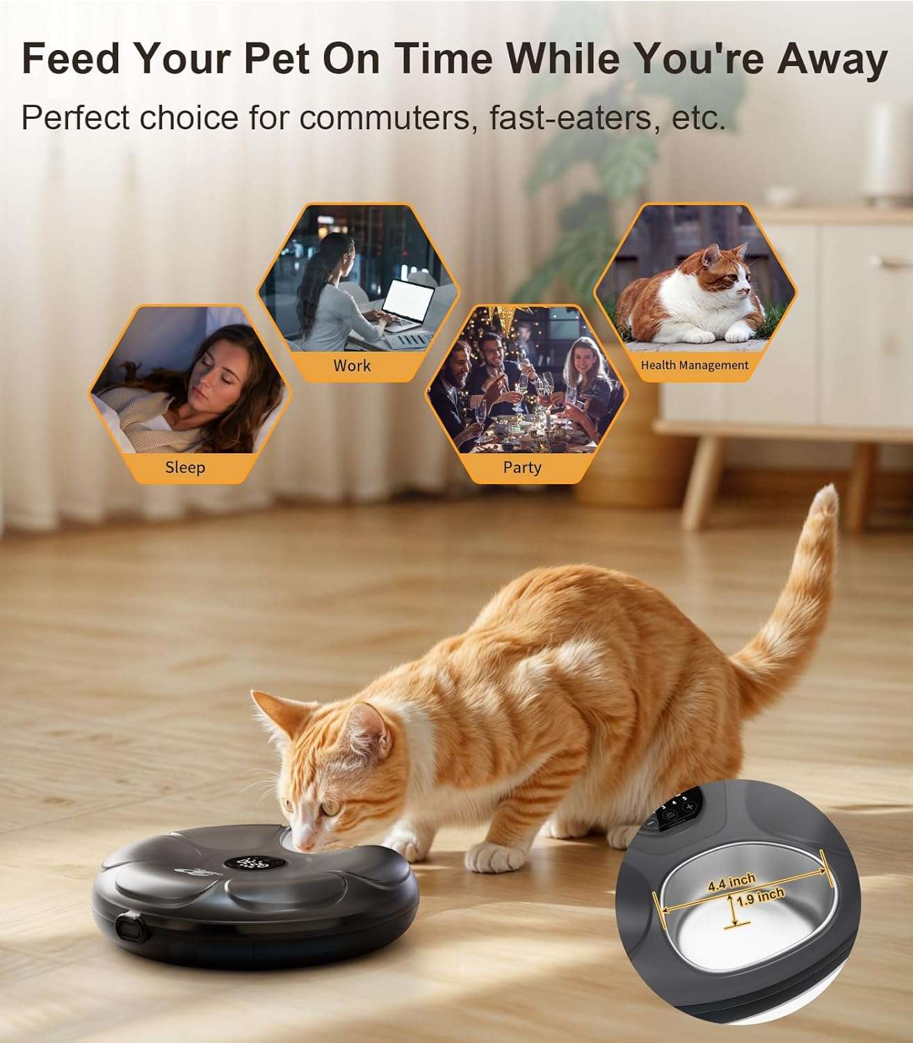 Comedero automatico circular blanco de 6 platos para perros y gatos con compartimento para hielo y bateria recargable 32x33 cm.