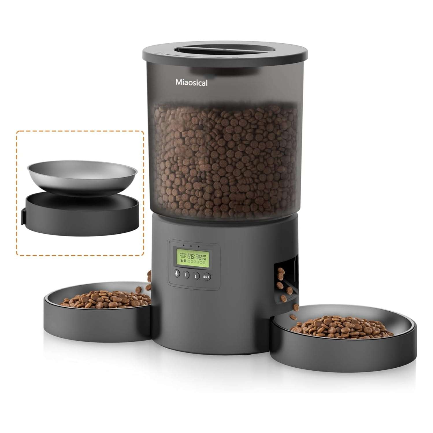 Comedero inteligente blanco doble para dos gatos de 1.9 kg con platos de acero inoxidable y grabacion de voz personalizada.