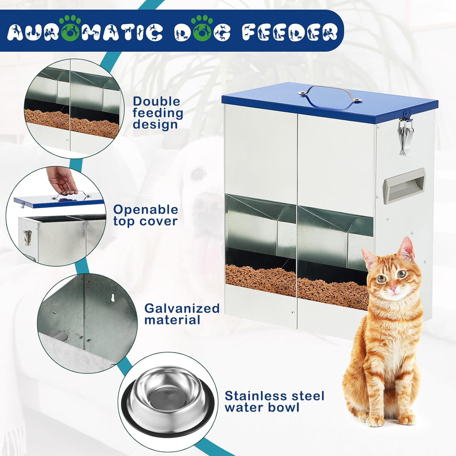 Comedero doble de acero galvanizado por gravedad para gatos color azul medidas 28x17x35 cm capacidad 4.5 kg.