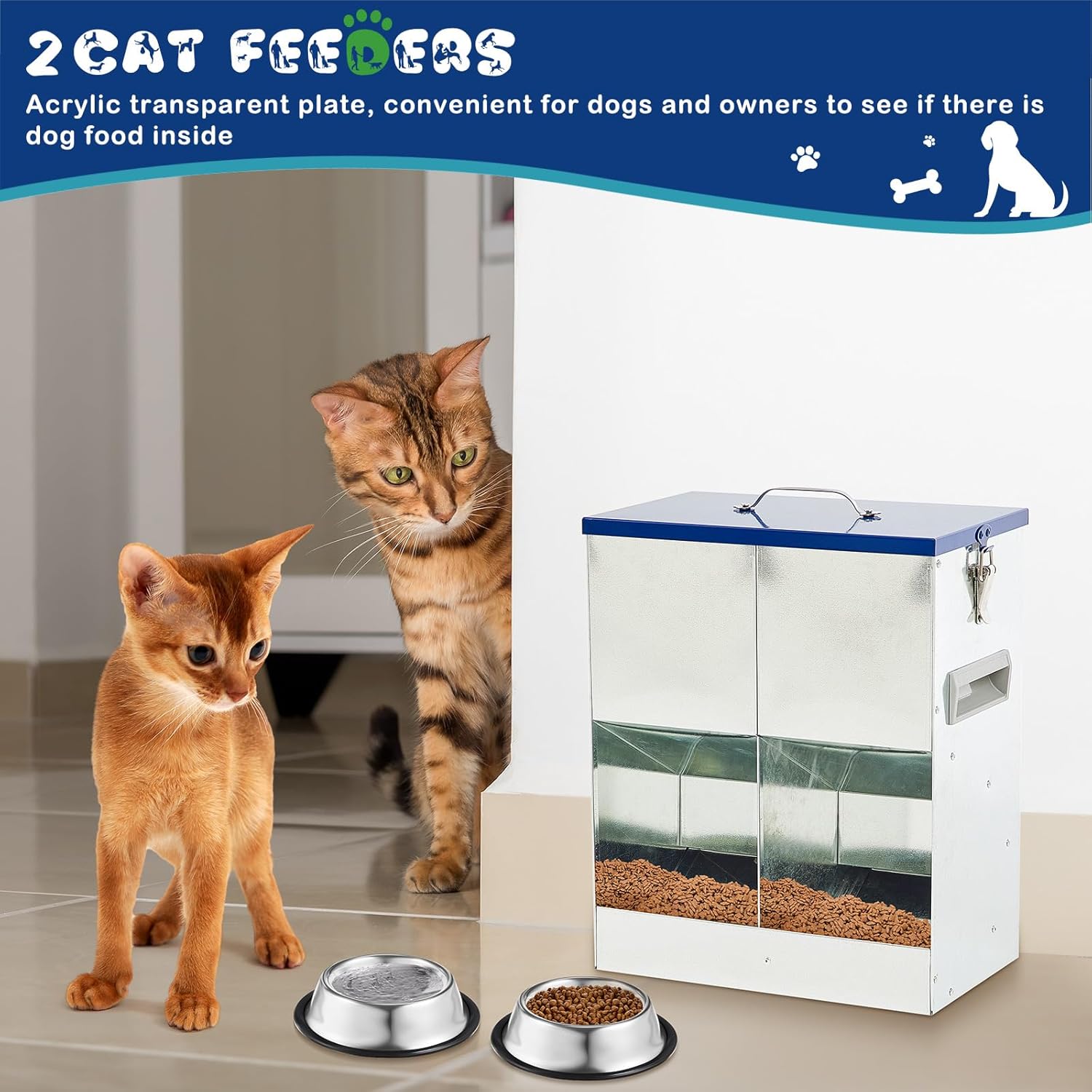 Comedero doble de acero galvanizado por gravedad para gatos color azul medidas 28x17x35 cm capacidad 4.5 kg.