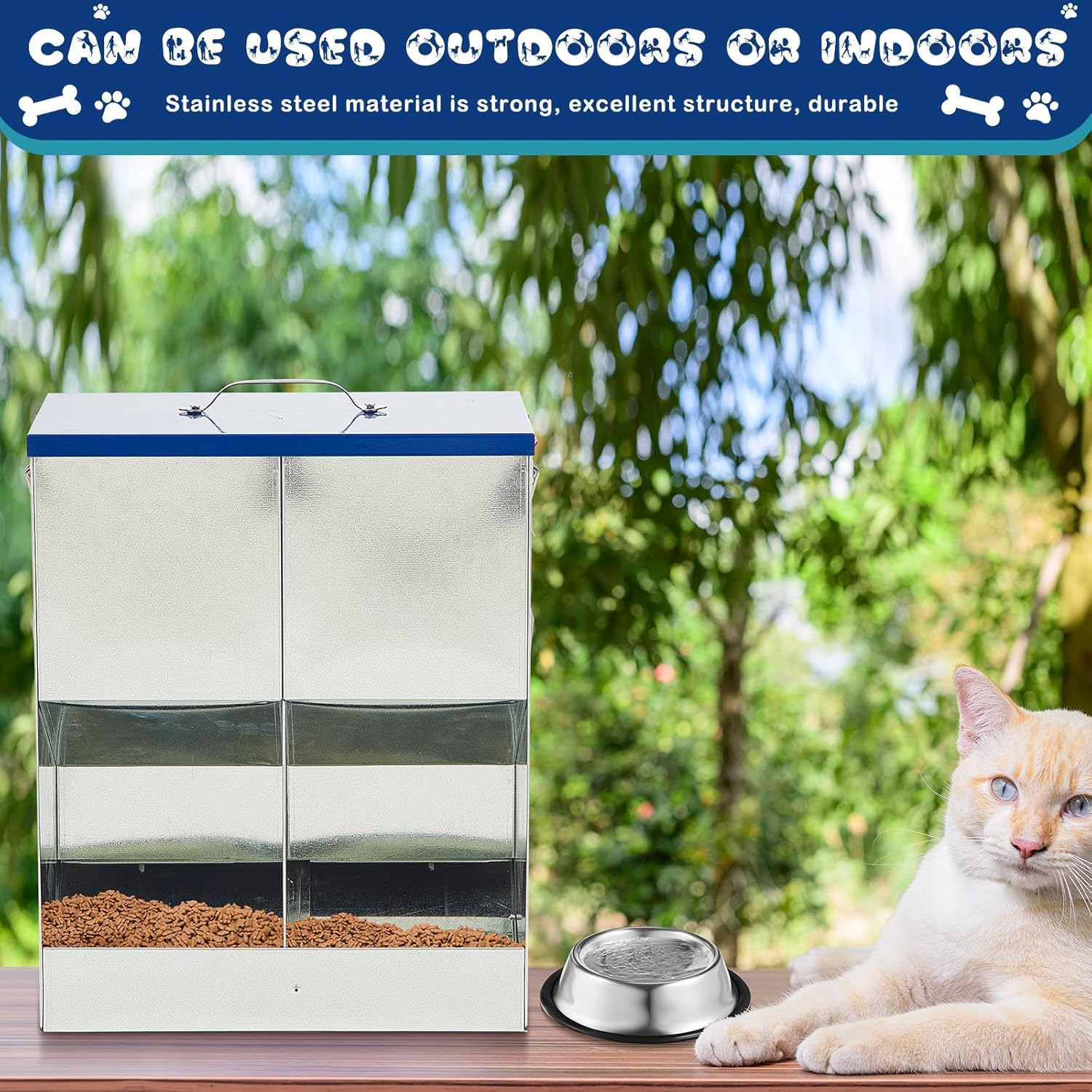 Comedero doble de acero galvanizado por gravedad para gatos color azul medidas 28x17x35 cm capacidad 4.5 kg.