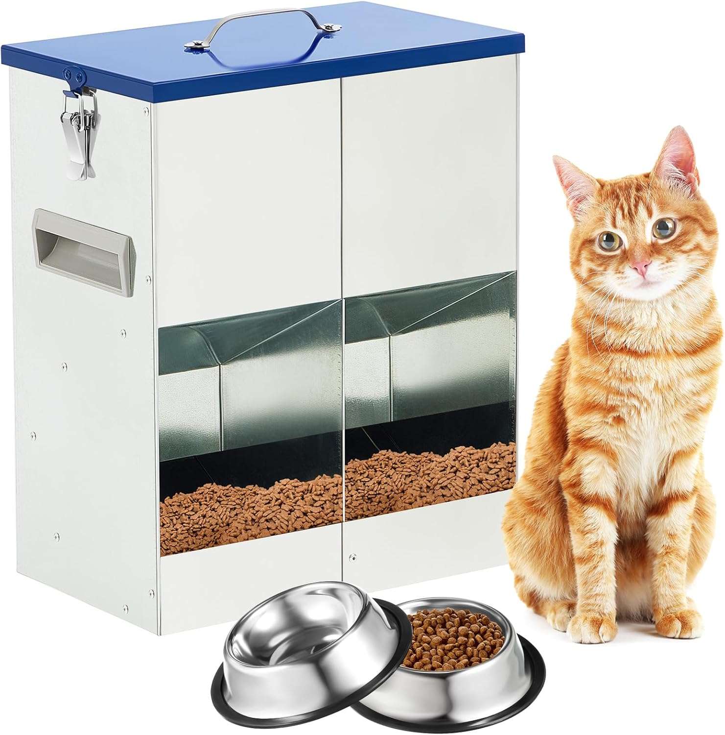 Comedero doble de acero galvanizado por gravedad para gatos color azul medidas 28x17x35 cm capacidad 4.5 kg.