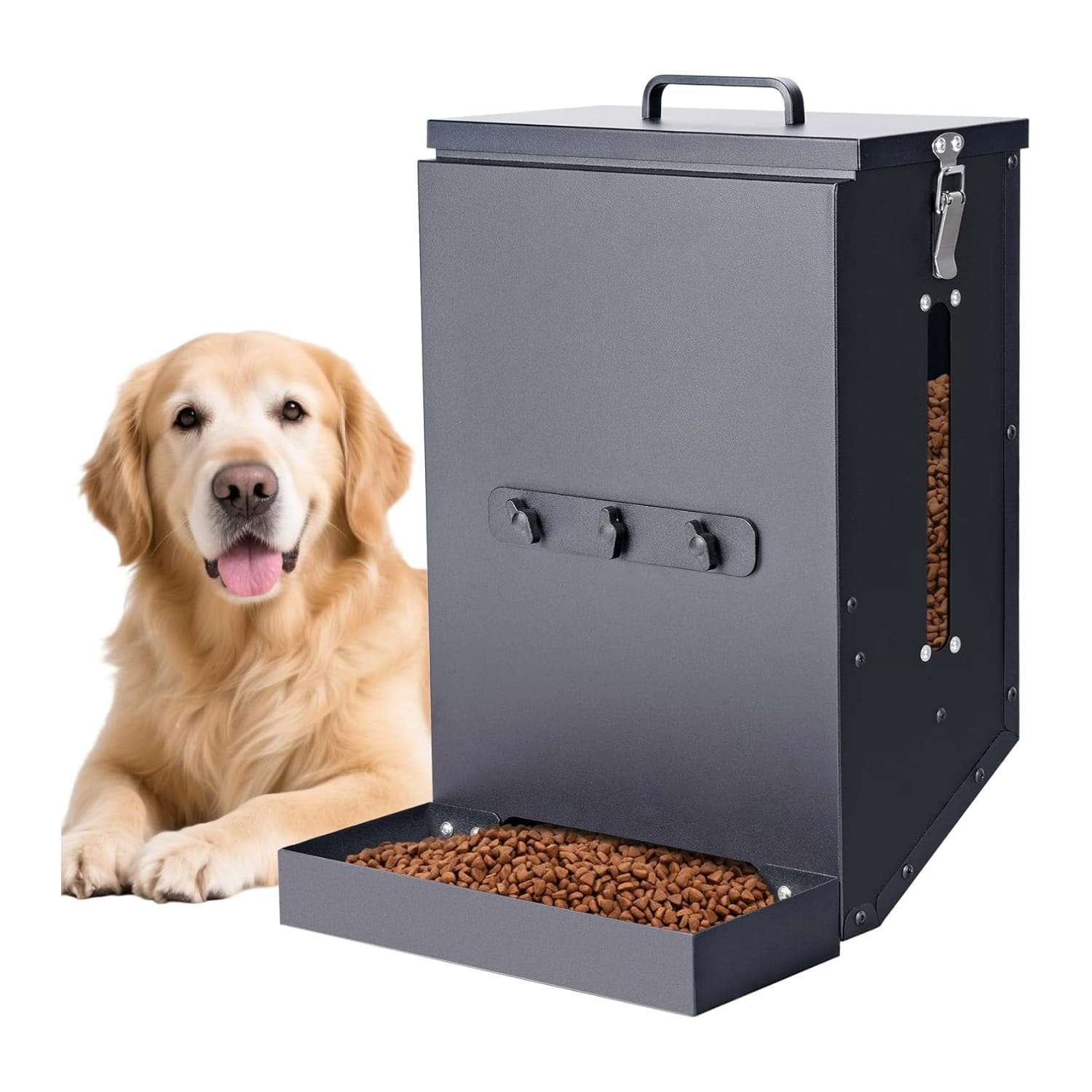 Comedero automático de metal galvanizado para colgar en jaula de perros capacidad 7.7 kilos.