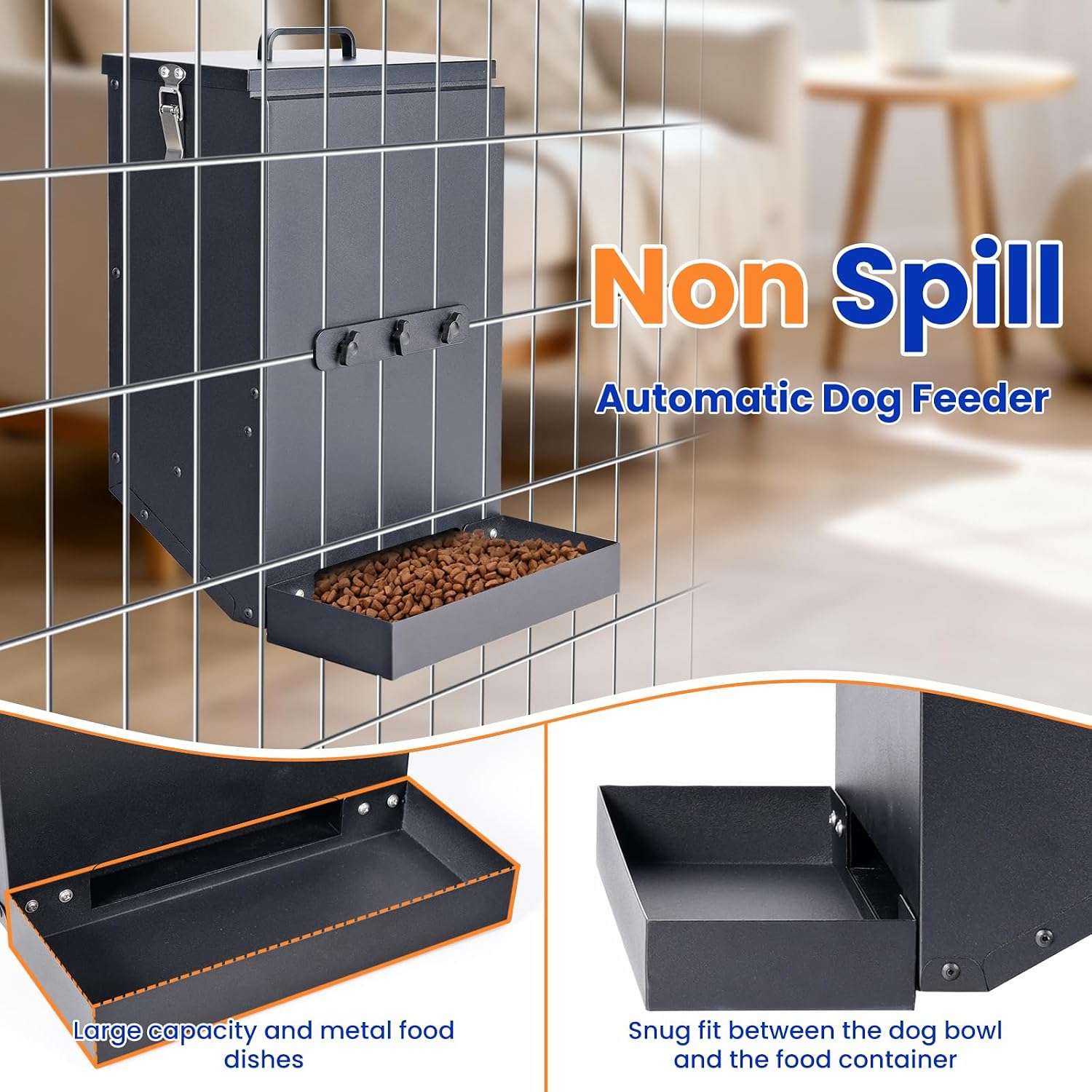 Comedero automático de metal galvanizado para colgar en jaula de perros capacidad 7.7 kilos.
