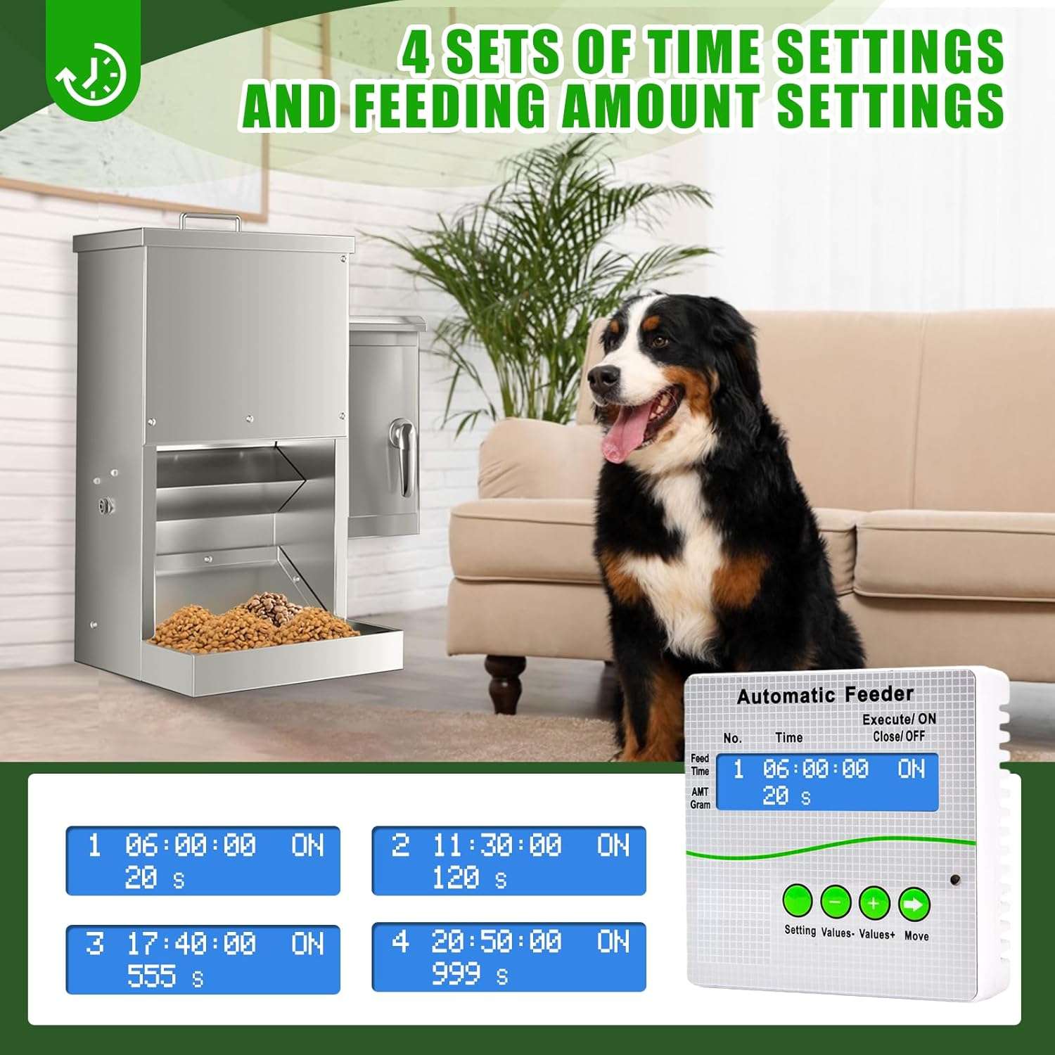 Comedero automático programable de acero inoxidable capacidad 8 kilos para perros grandes.