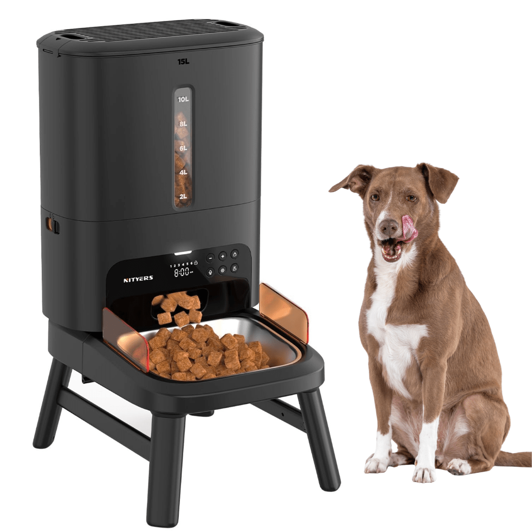 Comedero automatico programable para perros grandes capacidad 8 kilos con soporte elevado y tazon de acero inoxidable.