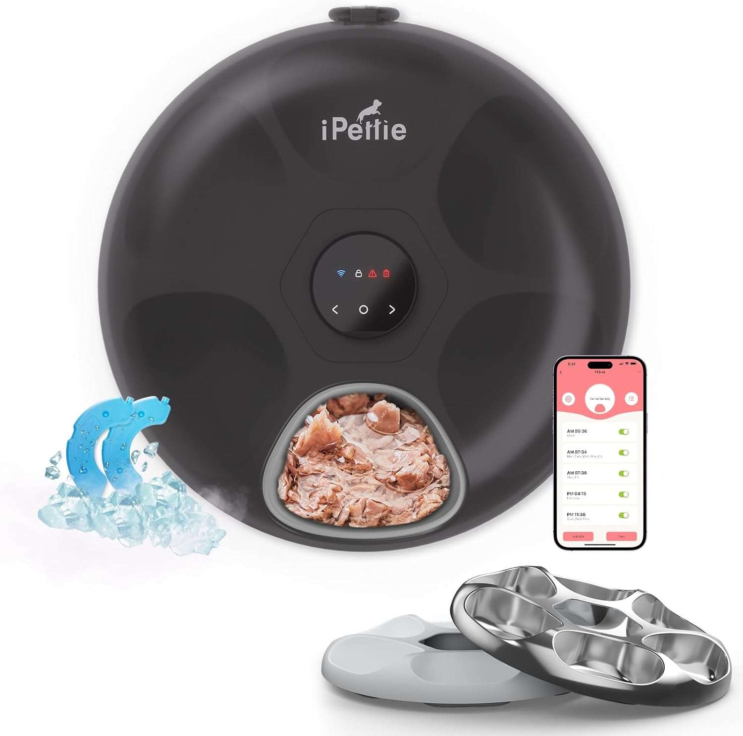omedero inteligente programable blanco con 6 platos de acero inoxidable conexion WiFi y packs de hielo para comida humeda y seca capacidad 1.4 kg.